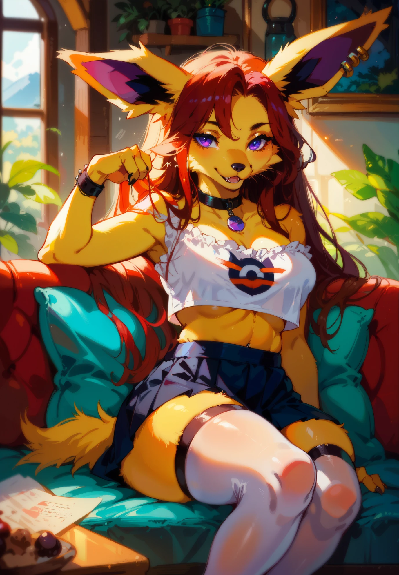 source_furry, BREAK, furry, anthro, 1girl, Jolteon, Pokemon, long hair, crop top, piercings, thigh highs, skirt, sitting on a couch, sexy pose, lustful, BREAK, night time, mountain cottage, cinematic lighting,