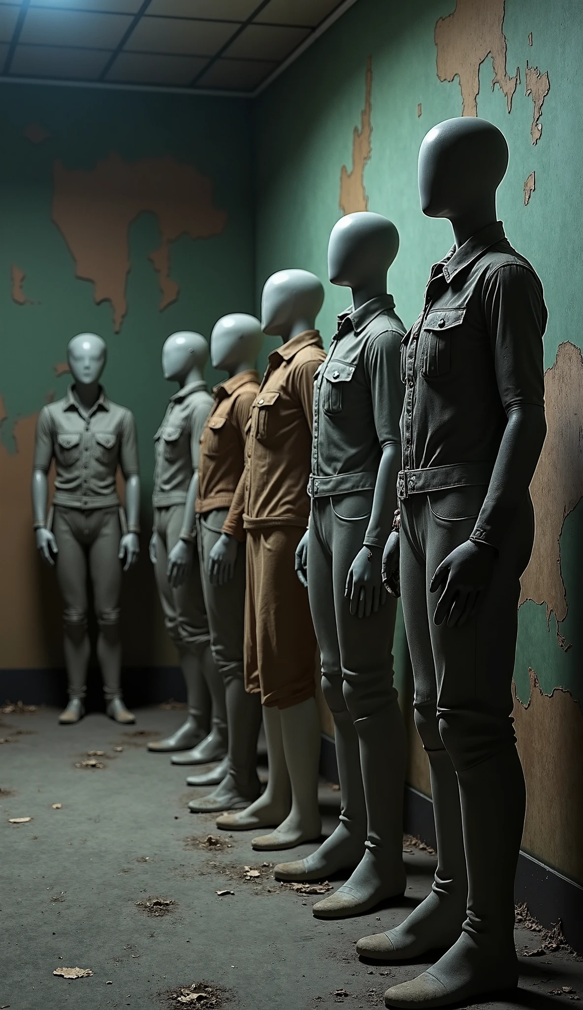 creepy horror basement in a closed mall without any people, 3 humanoid mannequins without features running and smiling at viewer, there is no sun light, part of the mall look old and not well lit <lora:liminalspaces768:1>
