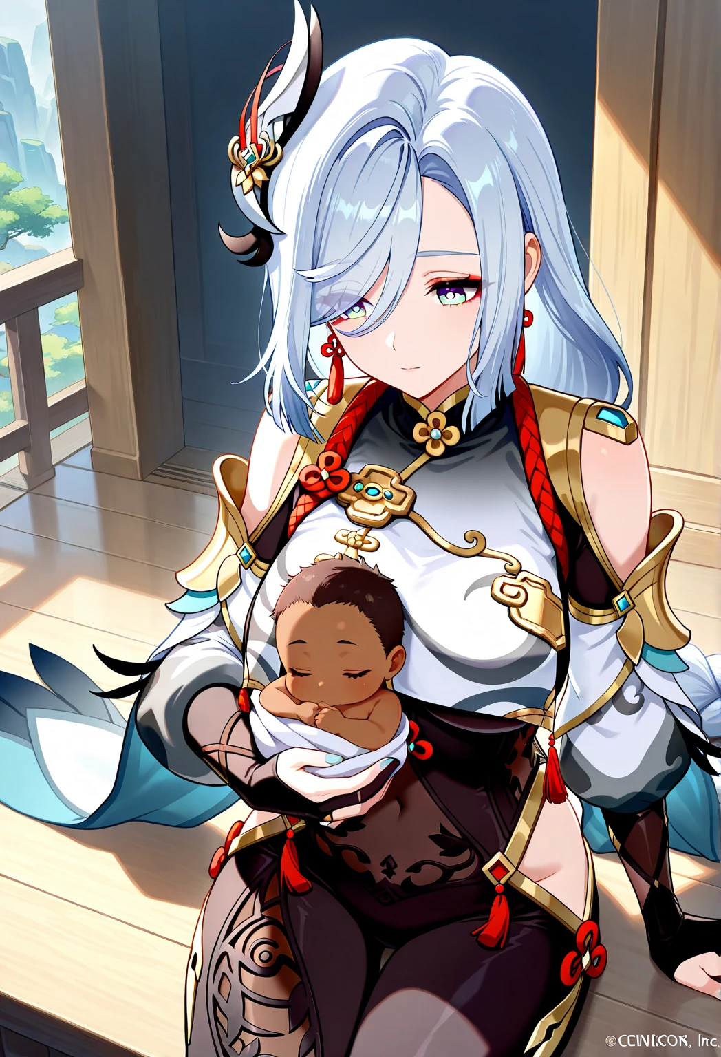 ((Highest quality)), ((masterpiece)), (detailed), (Perfect Face)、The woman is a Ghanaian born Tsukino Usagi with a vivid dark skin, black by birth, and is wearing a colorful Ghanaian dress from a Ghanaian village, a colorful turban head scarf, gorgeous jeweled accessories, and an engagement ring.、The woman is the elegant Tsukino Usagi, with her short black afro hair tied up in a Ghana braid, wearing a colorful Ghanaian dress and a colorful turban head scarf, with vibrant dark brown skin, a natural-born black person, and a natural-born Ghanaian, Tsukino Usagi.、(The woman is a black Ghanaian with vivid dark brown skin.)、The woman is chatting with other village girls while babysitting in a village in Ghana.、The women are pregnant、The women are holding their baby daughters