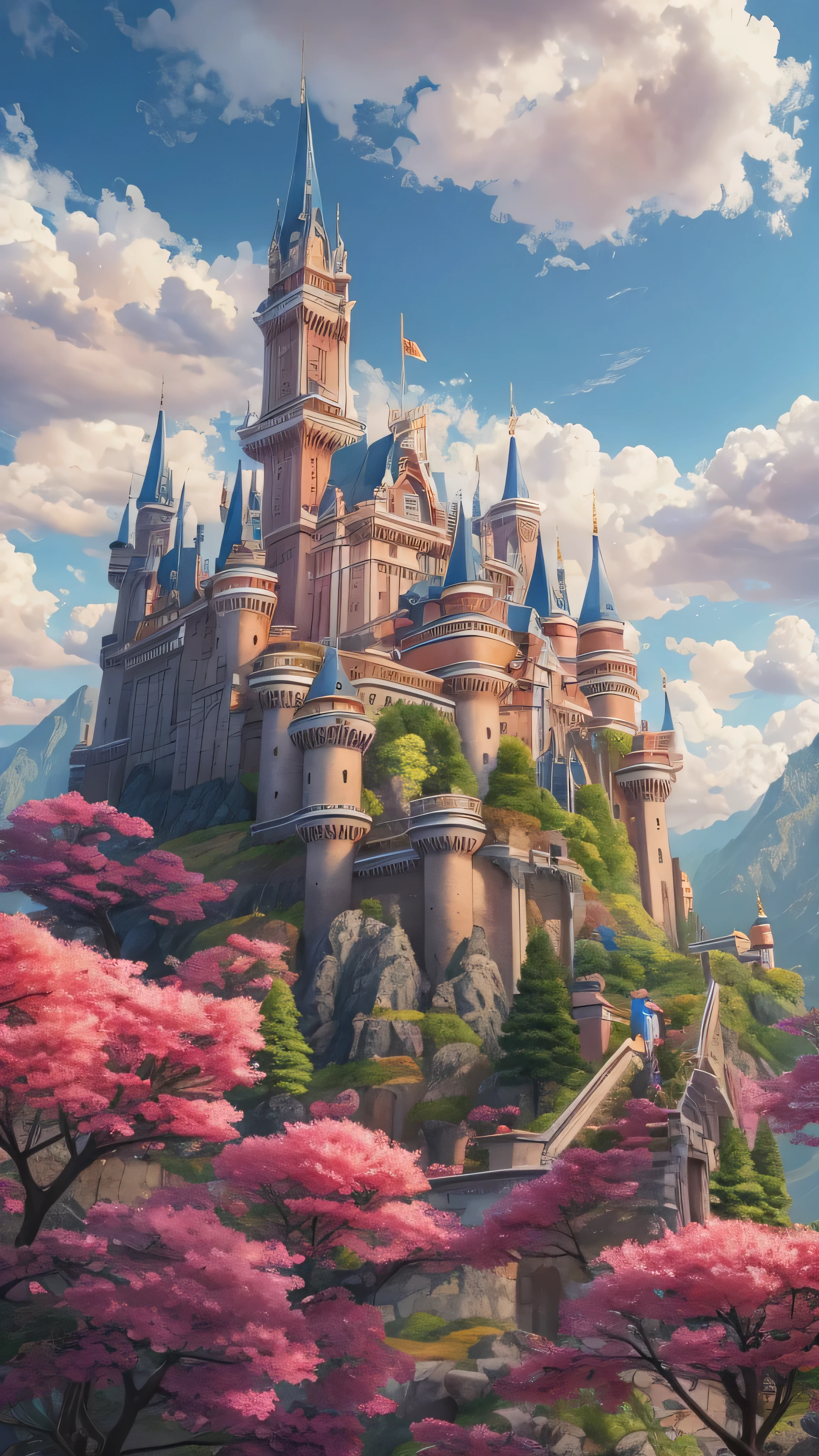 Masterpiece, 最 high quality , high quality , high quality , high quality ドイツのノイシュヴァンシュタイン城: Roman castle which is said to be the model for Cinderella Castle。, ( Aerial Views) Detailed CG Unity 8K Wallpaper , Scenery, Outdoors,Sky and Clouds,, A place with spectacular mountain views 、Orange Flower, Color Difference, photorealism , Highly detailed castle 。