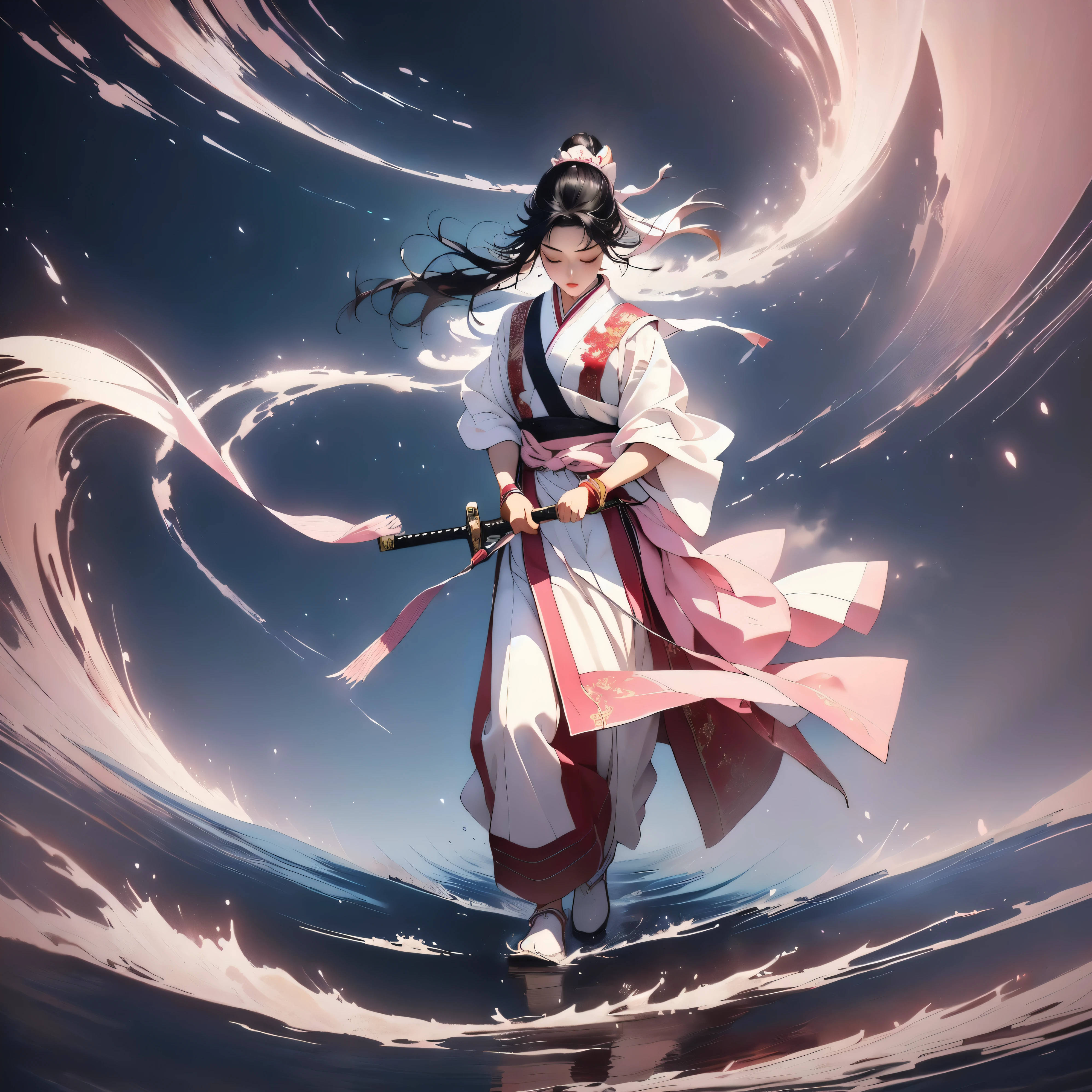 Masterpiece, top quality, in the seat, Full body image showing up to your feet、 Wide Shot 、 full body、 stand on tiptoes on one leg the other leg is bent from the knee、 closed eyes . loose strand framing face , closed eyes , furrowed brows. Long Black Hair Tied in a High Ponytail , dark pink and light pink . white headband with red gemstones. pale skin on a street car, 「JTT」White short sleeve embroidered with,Hidden nose and mouth with a white collar、 the nose and mouth are covered and hidden by the neck、The face only sticks out the eyes、Red Hakama, Green-yellow strip with “JTT” written on it, 「JTT」 written on the pattern. He has a Chinese sword in his hand、The blade of the sword is facing straight to the side、I'm wearing white loose cloth pants、I'm wearing white cloth socks that go up to my shin、Both arms are stretched horizontally, straight, and sideways、 flowing clothes and hair . abstract night background without concrete objects or scenery. blue fog swirl、Soil ripples with aura underfoot、 on top of the hill