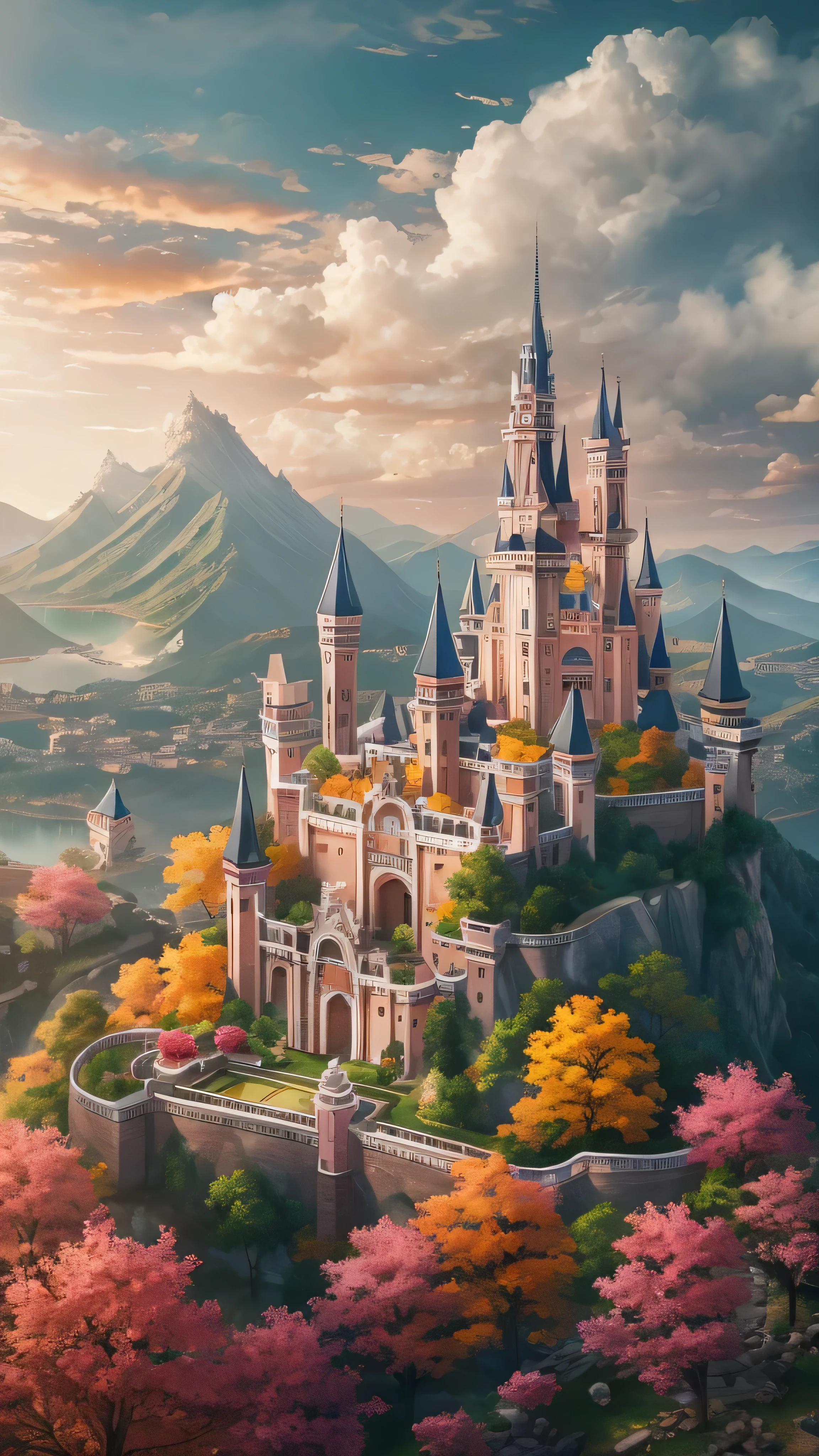 Masterpiece, 最 high quality , high quality , high quality , high quality ドイツのノイシュヴァンシュタイン城: Roman castle which is said to be the model for Cinderella Castle。, ( Aerial Views) Detailed CG Unity 8K Wallpaper , Scenery, Outdoors,Sky and Clouds,, A place with spectacular mountain views 、Orange Flower, Color Difference, photorealism , Highly detailed castle 。