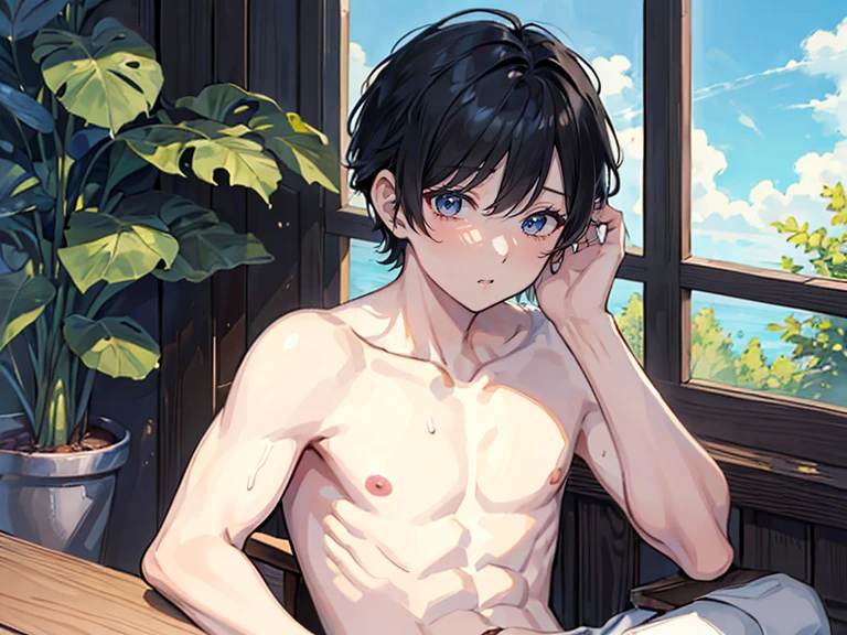 masterpiece, best quality, ultra detailed, solo man, male focus, ((Oblong face)), ((Square jawline)), black hair, ((hairs between eyes)), shoulder length, ((narrow blue eye)), shirt, fair skin, skinny body, beauty mark, nsfw, wet skin, pink base skin, sitting