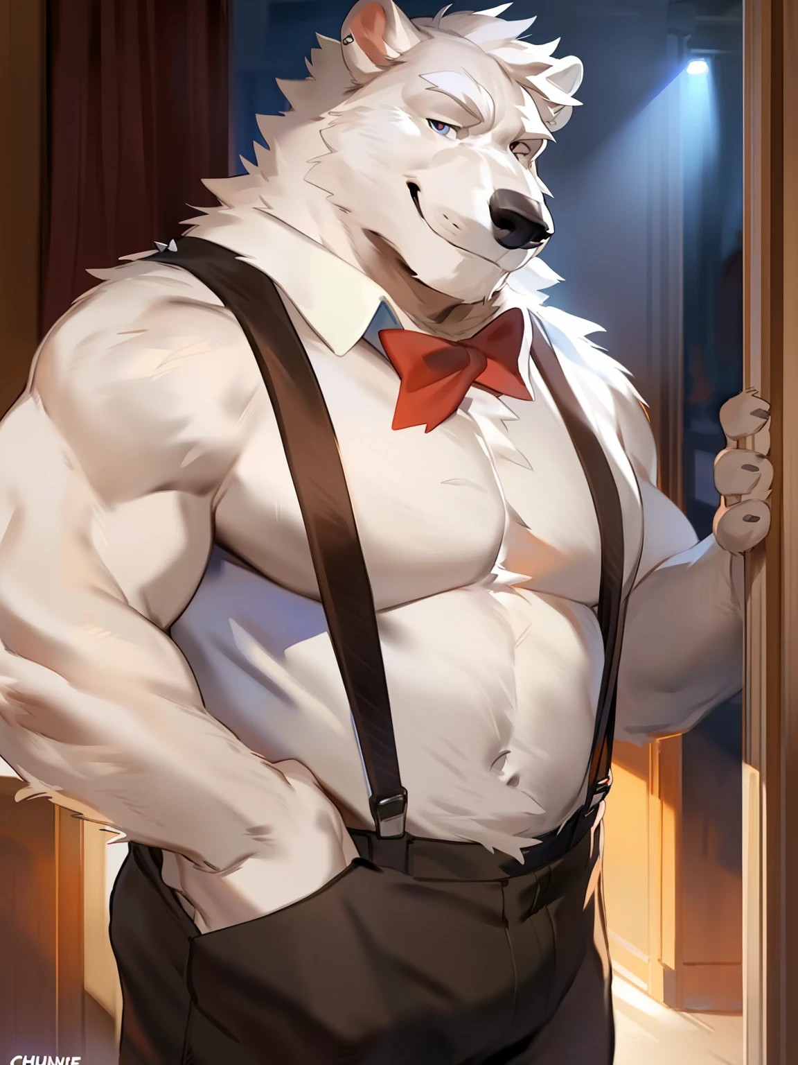 Solo, Male, polar bear, (short hair, snout), messy fur, messy hair, smirking, notched ear, by Bebebebebe, by Spikes, By Darkgem, by Mystic Fox 61, by Chunie, standing, suspenders, looking at viewer, Dilf, Daddy, father figure, mature male, hunk, pecs, very detailed clothing, very detailed fur texture, very detailed lighting, very detailed eyes, red bowtie, very well drawn clothing, very well drawn face
