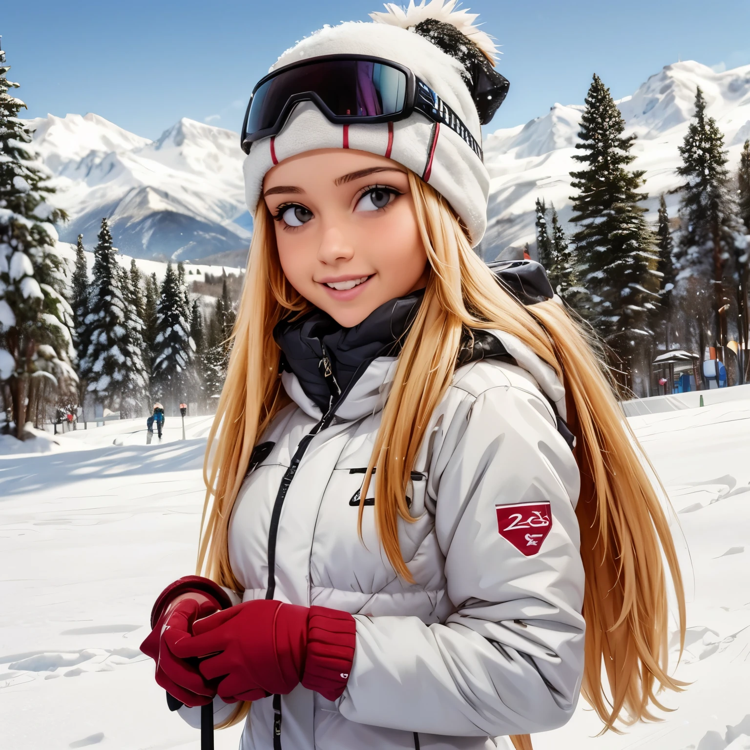 beautiful girl, on a ski slope getting ready to go down a snowy slope, very happy, happy moments. winter clothes as a skier, beautiful winter landscape