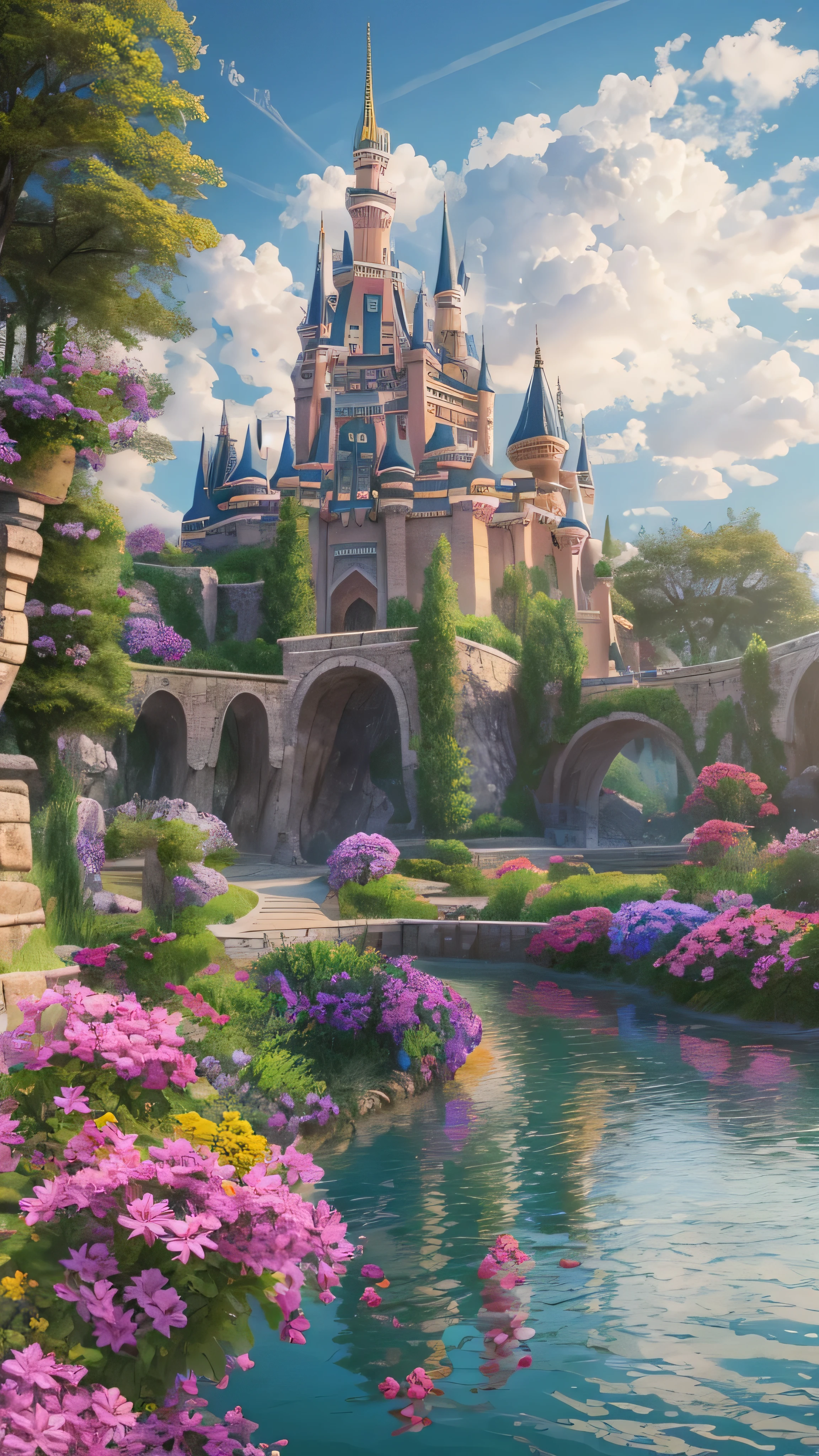 Masterpiece, 最 high quality , high quality , high quality , high quality ドイツのノイシュヴァンシュタイン城: Roman castle which is said to be the model for Cinderella Castle。, (Scenery from the foot) Detailed CG Unity 8K Wallpaper , Scenery, Outdoors,Sky and Clouds,, A place with spectacular mountain views 、Seven color flower , Color Difference, photorealism , Highly detailed castle 。In a photo where you look up at the mountain from the foot。