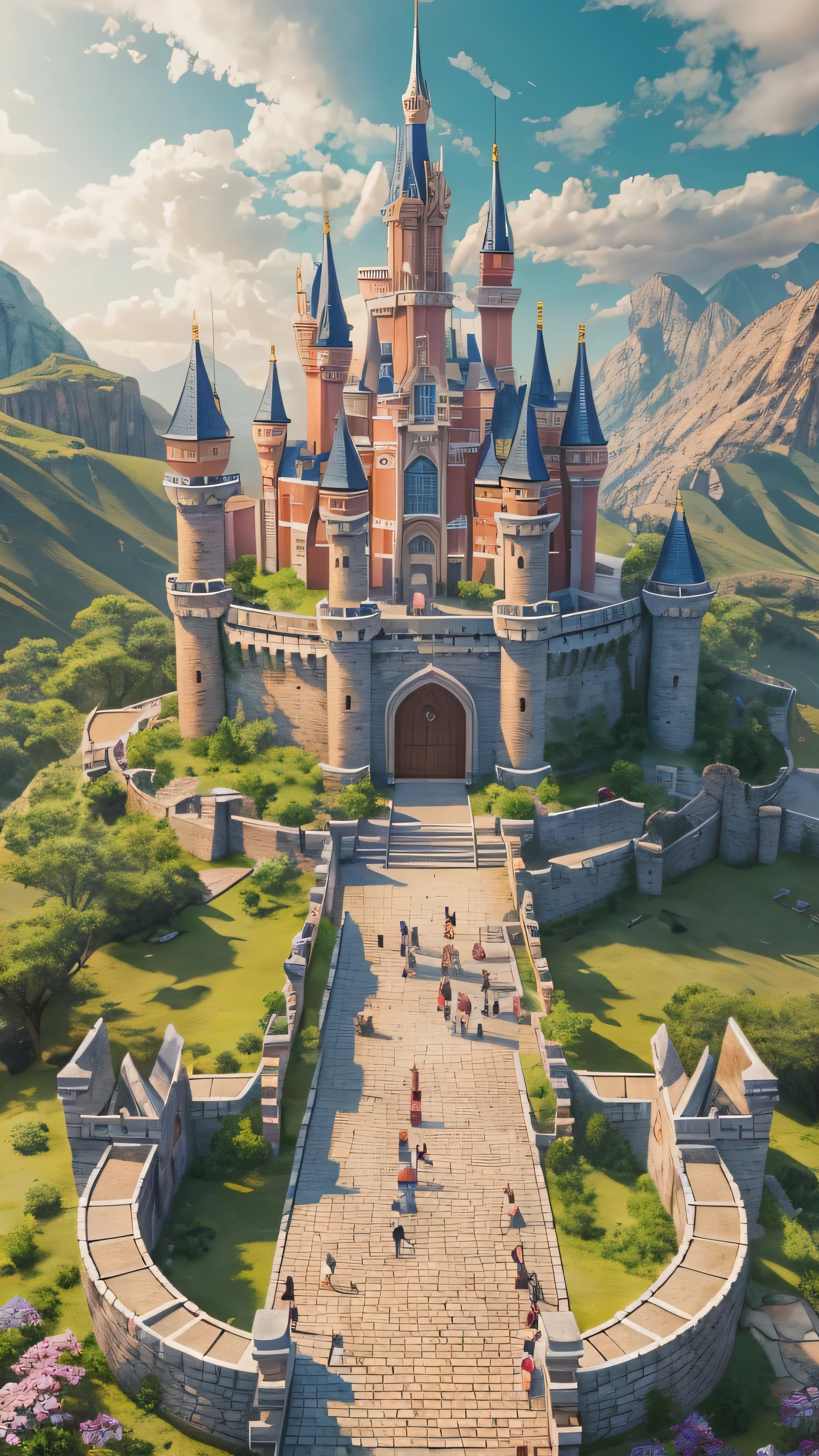 Masterpiece, 最 high quality , high quality , high quality , high quality ドイツのノイシュヴァンシュタイン城: Roman castle which is said to be the model for Cinderella Castle。, (Scenery from the foot) Detailed CG Unity 8K Wallpaper , Scenery, Outdoors,Sky and Clouds,, A place with spectacular mountain views 、Seven color flower , Color Difference, photorealism , Highly detailed castle 。In a photo where you look up at the mountain from the foot。