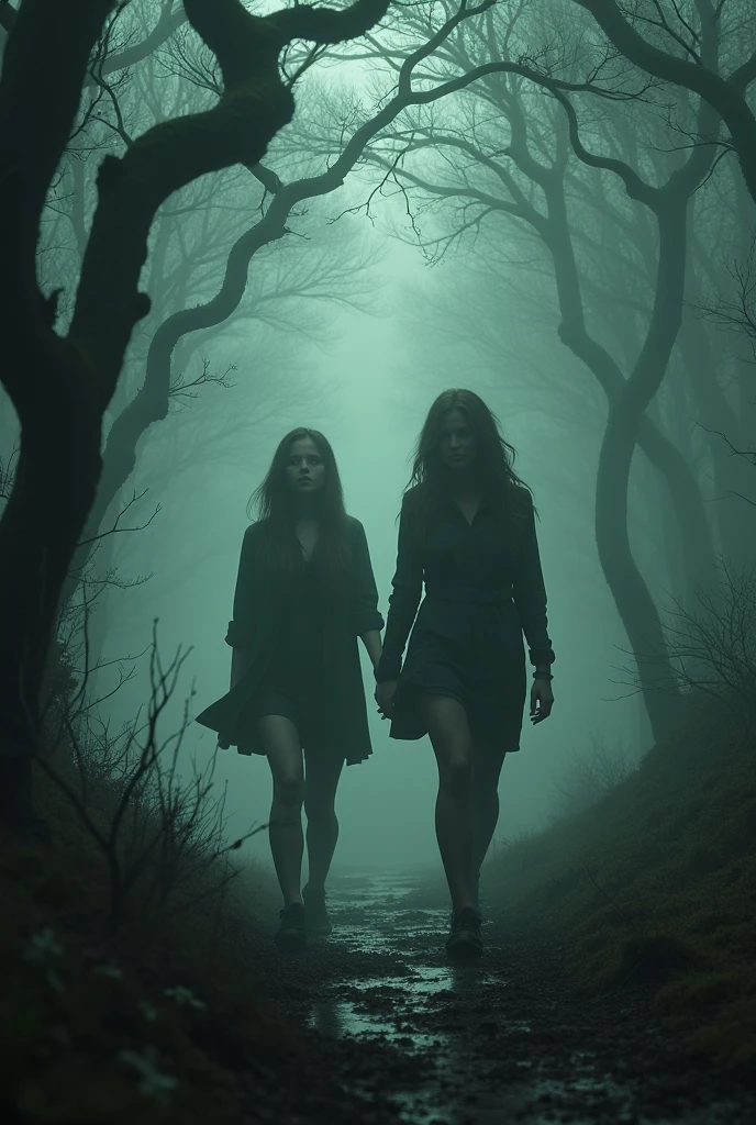 Crate a YouTube thumbnail in Wich 4 friends include 2 girls in horror Forest in trouble