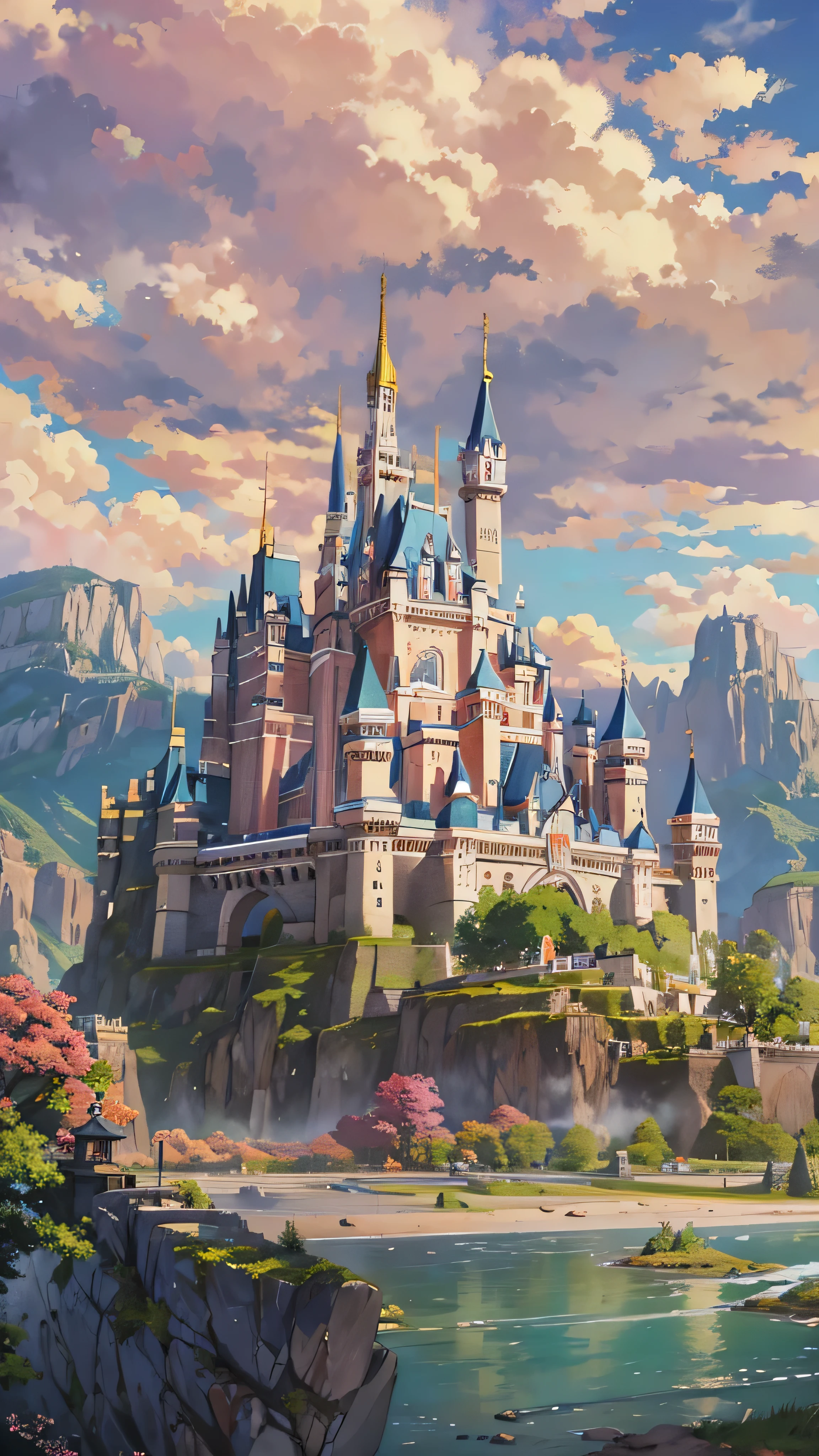 Masterpiece, 最 high quality , high quality , high quality , high quality ドイツのノイシュヴァンシュタイン城: Roman castle which is said to be the model for Cinderella Castle。, (Scenery from the foot) Detailed CG Unity 8K Wallpaper , Scenery, Outdoors,Sky and Clouds,, A place with spectacular mountain views 、Seven color flower , Color Difference, photorealism , Highly detailed castle