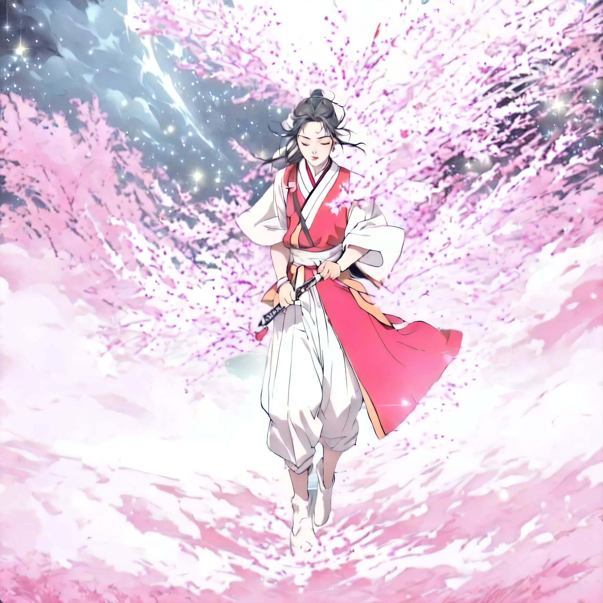  Masterpiece,  top quality,  in the seat, Full body image showing up to your feet、 Wide Shot 、 full body、 stand on tiptoes on one leg the other leg is bent from the knee、 closed eyes .  loose strand framing face ,  closed eyes , furrowed brows.  Long Black Hair Tied in a High Ponytail ,   dark pink and light pink  .  white headband with red gemstones.  pale skin on a street car,  「JTT」White short sleeve embroidered with,Hidden nose and mouth with a white collar、 the nose and mouth are covered and hidden by the neck、The face only sticks out the eyes、Red Hakama, Green-yellow strip with “JTT” written on it, 「JTT」 written on the pattern.  He has a Chinese sword in his hand、The blade of the sword is facing straight to the side、I'm wearing white loose cloth pants、I'm wearing white cloth socks that go up to my shin、Both arms are stretched horizontally, straight, and sideways、  flowing clothes and hair .  abstract night background without concrete objects or scenery.  blue fog swirl、Soil ripples with aura underfoot、 on top of the hill

