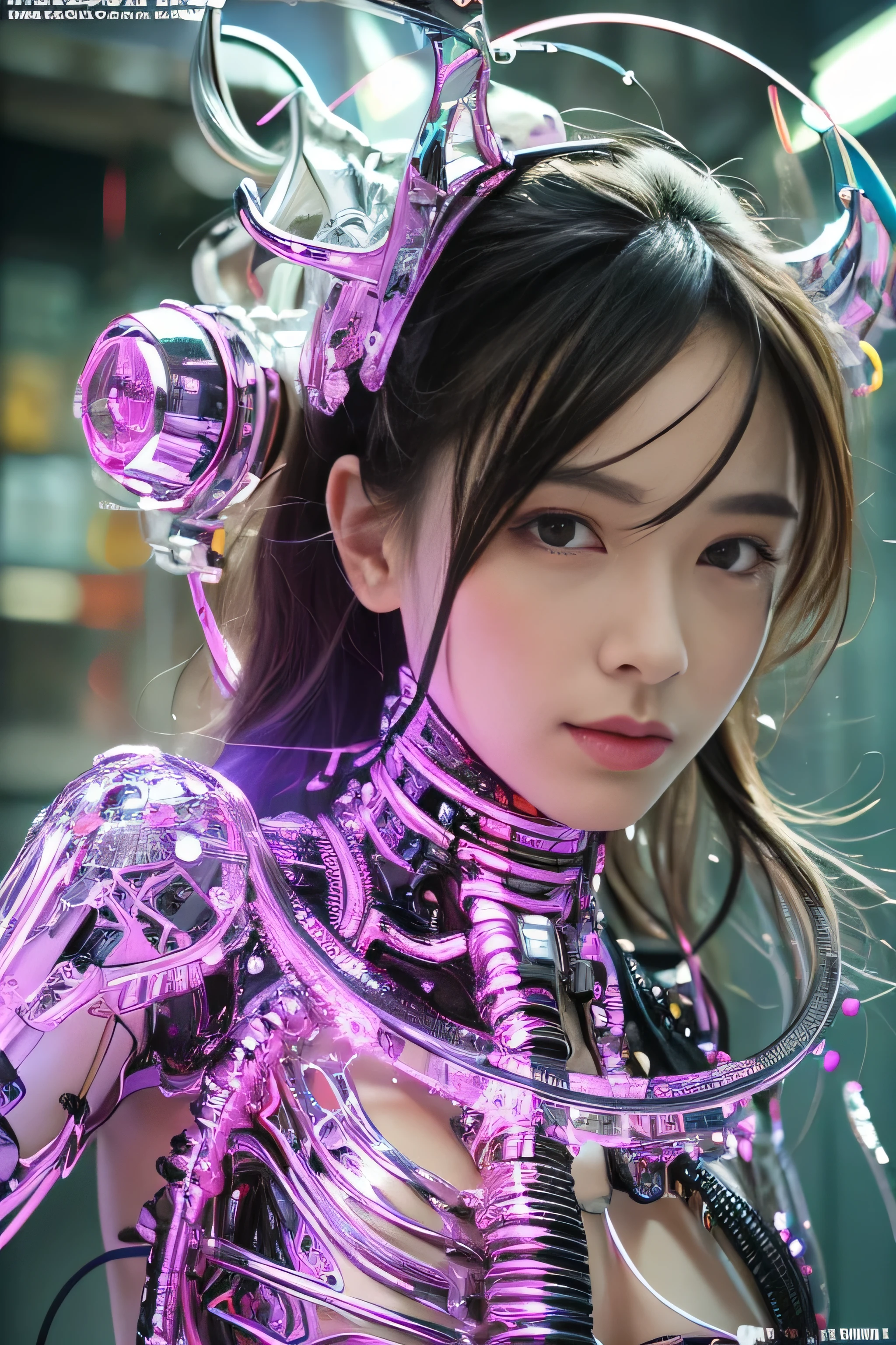 Top Quality, Masterpiece, Ultra High Resolution, (Photorealistic: 1.4), Raw Photo, 1 Girl, Black Hair, Glossy Skin, 1 Mechanical Girl, (Ultra Realistic Details)), Portrait, Global Illumination, Shadows, Octane Rendering, 8K, Ultra Sharp, Big, Cleavage Exposed Raw Skin, Metal, Intricate Ornament Details, Egyptian Details, Very intricate details, realistic light, CGSoation trend, purple eyes, glowing eyes, facing the camera, neon details, mechanical limbs, blood vessels connected to the tube, mechanical vertebrae attached to the back, mechanical cervical attachment to the neck, sitting, wires and cables connecting to the head, evangelion, small LED lamp,