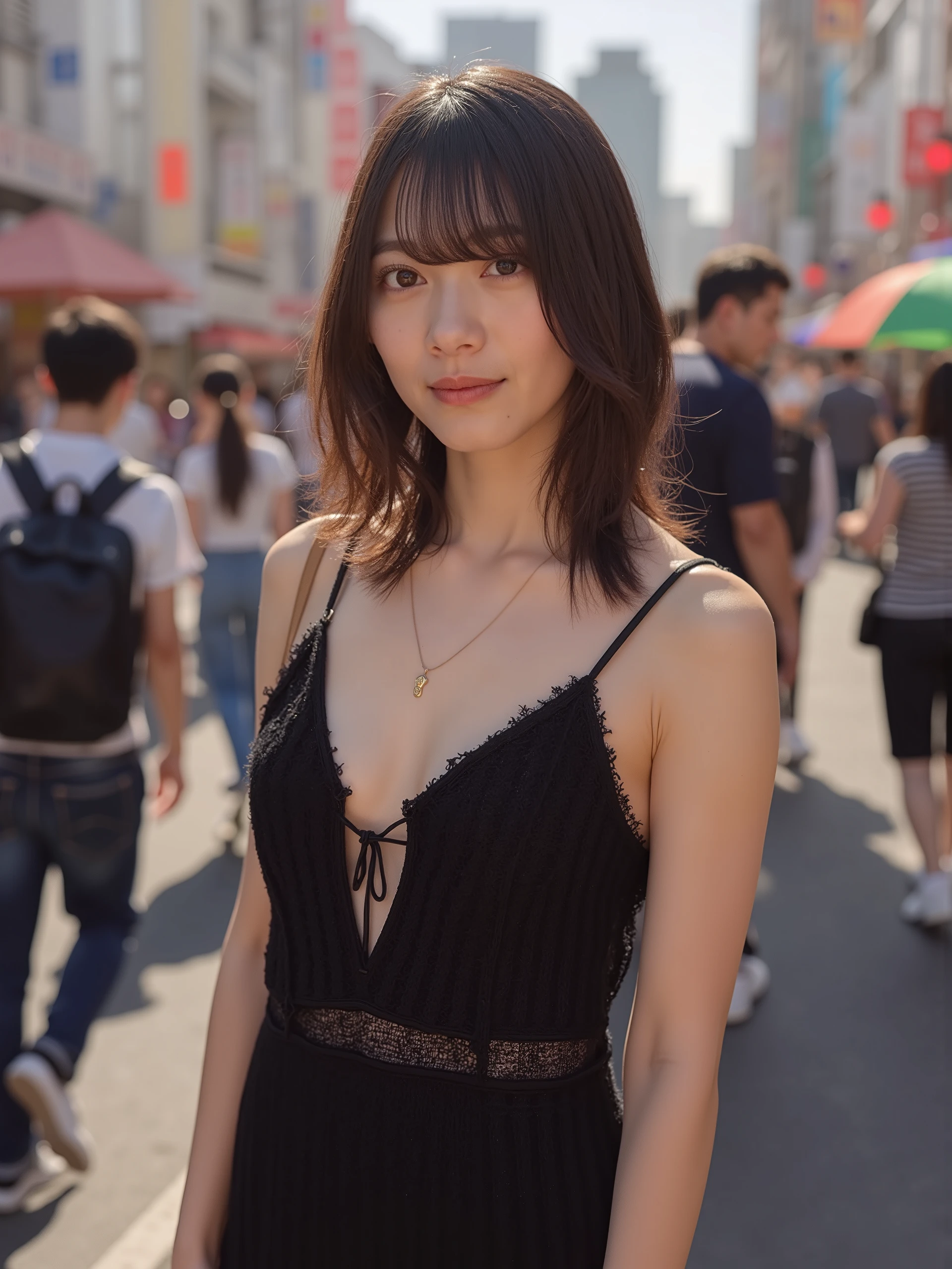 ((64k, ultra high resolution, top quality, Masterpiece: 1.2), ( is present, Photo is present: 1.37), Super Detail, (Tokyo, crowded streets , sunny: 1.2), professional lighting, Photon Mapping , radiosity, physically-based rendering, Masterpiece, Rich details, ( beautiful face),( beautiful eyes), ( with a clear face), ( DETAILED FACE DESCRIPTION ), ( detailed hand instructions), ( Masterpiece), is present, extreme light and shadow , Shiny Skin , Shiny Hair, one girl, 18 years old, Japan, cute, (smile, happy:1.3),( gradient brown hair, Black Sheer:1.2),Small Tall, slender: 1.2, double, Dishevelle Hair , fine clavicle, clavicle, ( small boobs, flat chest:1.37),( Dynamic Poses, cowboy shot: 1.3), ( KNIT DEEP V NECK SLIP DRESS, micro mini, sideboob, Bare waist, Bare Armpits, Chest: 1.2), focus on face