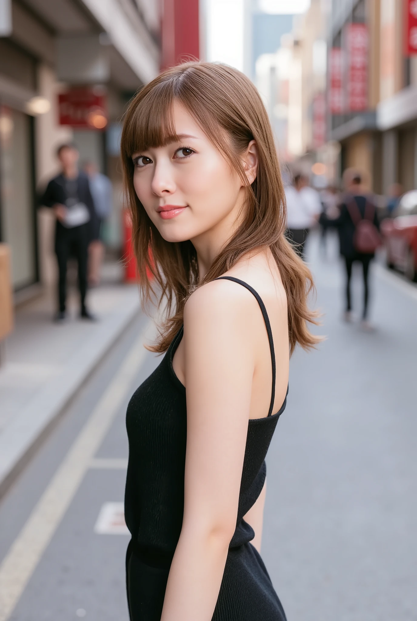 ((64k,  ultra high resolution,  top quality,  Masterpiece: 1.2), ( is present, Photo is present: 1.37),  Super Detail, (Tokyo,  crowded streets , sunny: 1.2),  professional lighting,  Photon Mapping ,  radiosity,  physically-based rendering,  Masterpiece, Rich details, ( beautiful face),( beautiful eyes), ( with a clear face), (  DETAILED FACE DESCRIPTION  ), ( detailed hand instructions), (  Masterpiece),  is present,  extreme light and shadow ,  Shiny Skin , Shiny Hair,  one girl, 18 years old, Japan,  cute, (smile, happy:1.3),( gradient brown hair, Black Sheer:1.2),Small Tall, slender: 1.2, double,  Dishevelle Hair  , fine clavicle, clavicle, ( small boobs,  flat chest:1.37),( Dynamic Poses, cowboy shot: 1.3), ( KNIT DEEP V NECK SLIP DRESS,  micro mini, sideboob, Bare waist, Bare Armpits, Chest: 1.2),  focus on face 