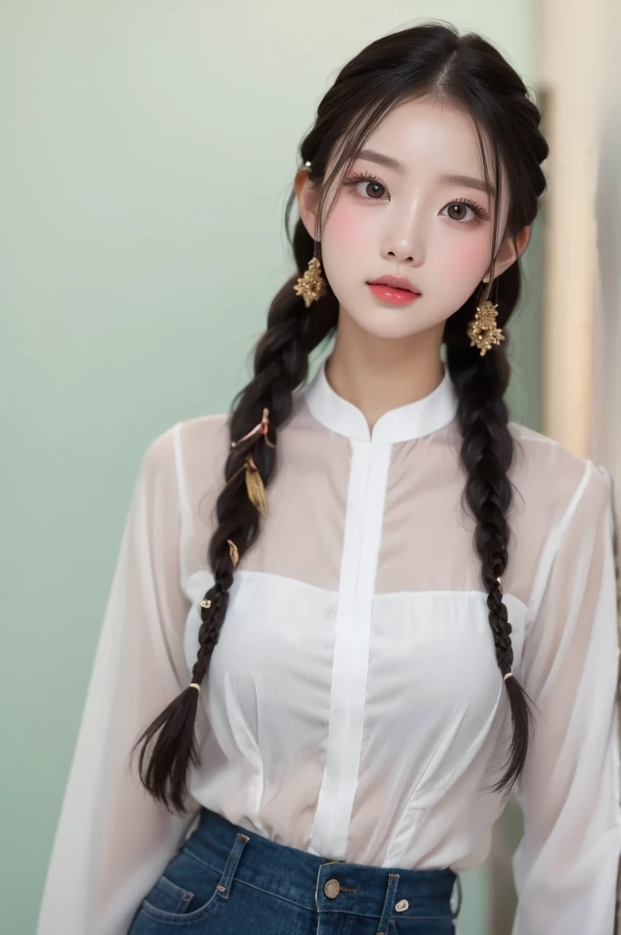 Masterpiece 、 high quality, Chest size 25 , braids , Ao Dai、 I can see your knees、 white wall background, facing the front