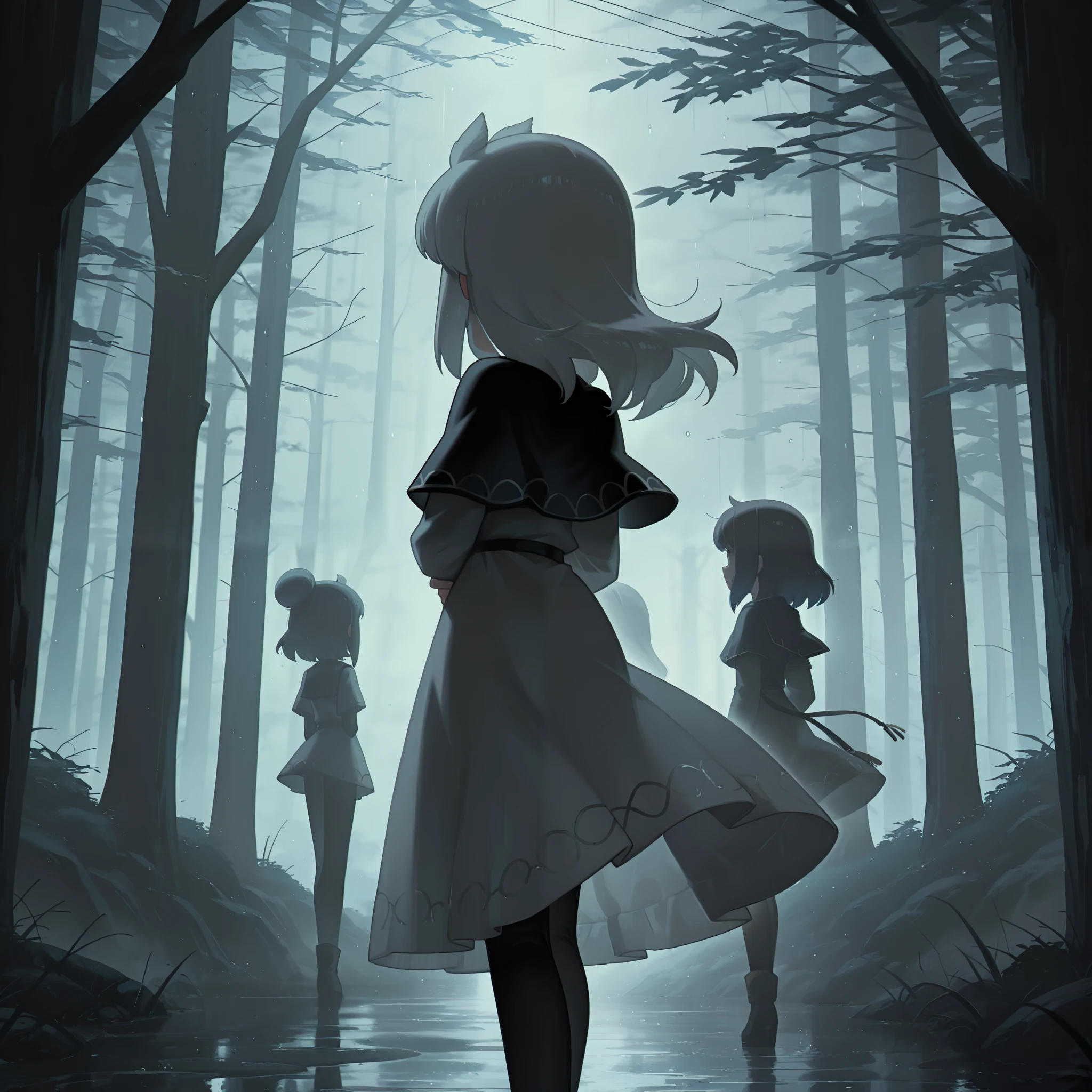 ((4 women, of different sizes,((bandages on their breasts, mini skirt, small breasts,((very long black and white hair, black and red eyes, hopeless face)),((standing, 1 arm behind back)),in a haunted forest, at night,