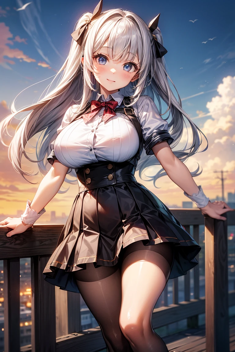 (Very detailed 8k wallpaper), graphics beautiful, (1girl in), Sharp Focus, Detailed, Dramatic, Delicate and beautiful young girl, age 16, (Slim Face, Slender body, Slim legs), (Perky and uplifted breasts), cleavage, gray hair, Long hair running down behind her ears, (Wearing school uniform), (Ahegao:1.2), blush, In high-rise buildings, Modern office with city skyline view, Full glass wide window, (standing by window), (3/4 body:1.5), Looking at Viewer, open mouth, (blushing:1.5), (half-body:0.6), half-body illustration
