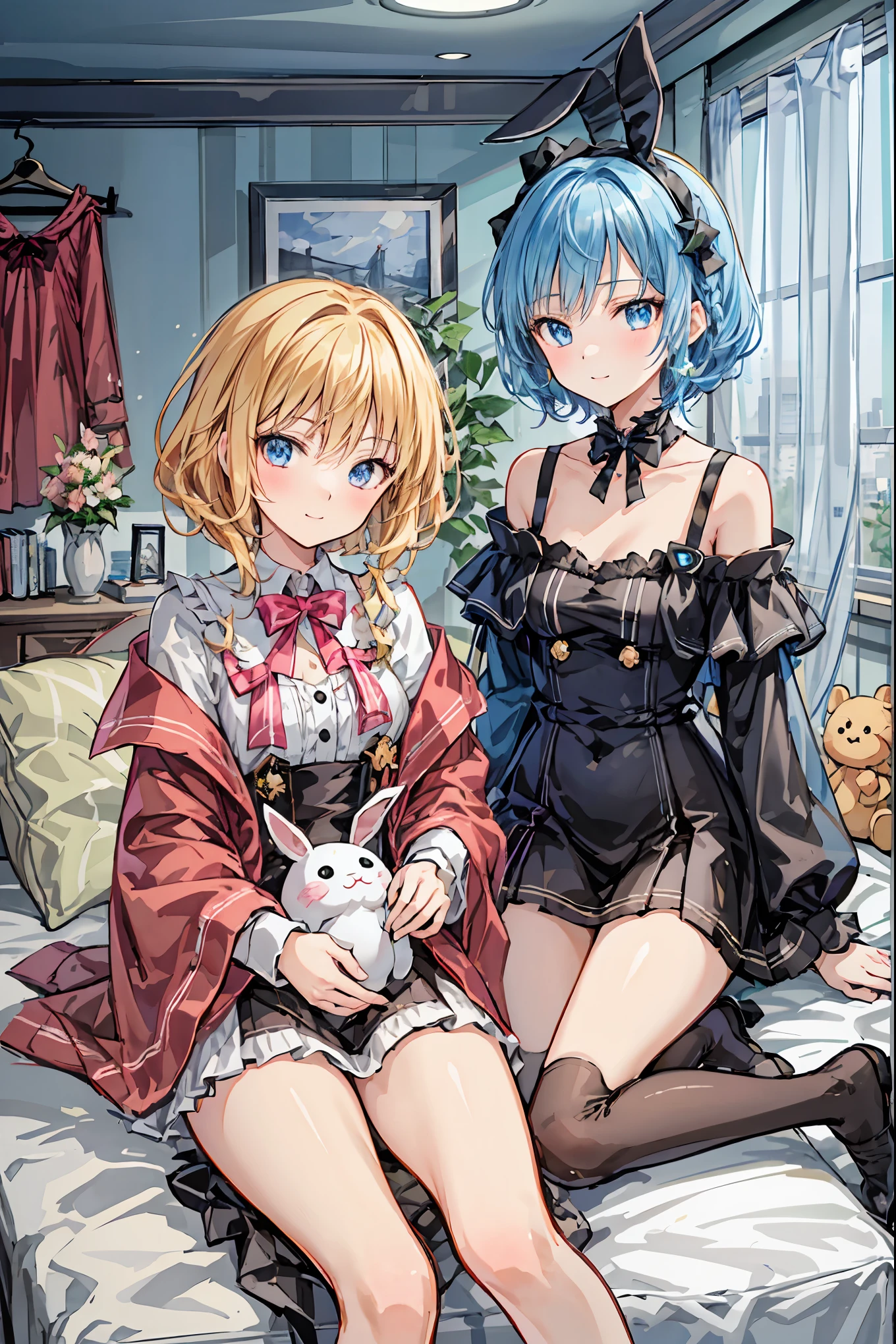 BEAUTIFUL ILLUSTRATION , top quality, cute girl, bedroom, pastel color , Hair, shortcut, unkempt hair,Short braided hair,Neat, slender beautiful woman,Correct posture,Small chest, beautiful legs, has enchanting gray-blue eyes that shine like stars, droopy eyes , vibrant colors, beautiful eyes,A delicate smile,Textured Skin, Best Quality at its Best , gentle and beautiful woman , anime style、 rabbit plush toy, bright lighting , light pink eyes