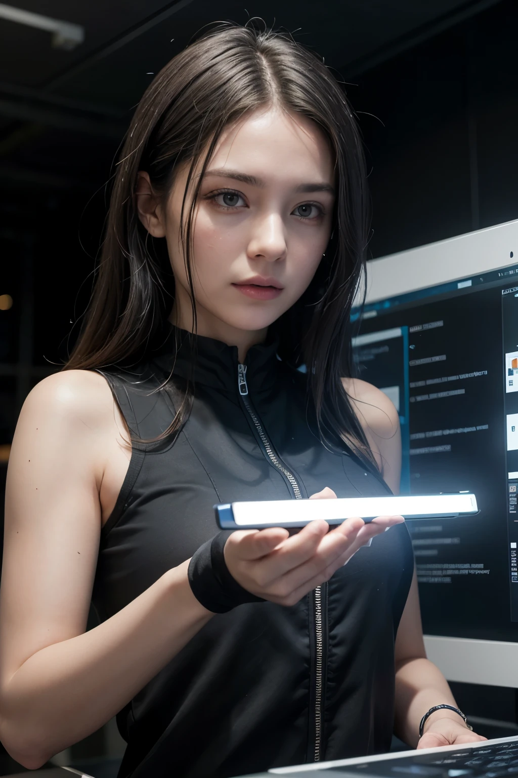 A scientist interacts with a holographic AI interface.