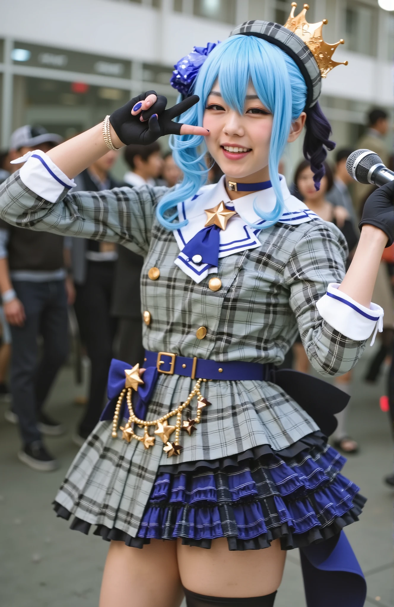 {hoshimachi suisei (1st costume)},
{{{{{{{{cosplay photo,photo (medium)}}}}}}}},{{{{{{{{{photo realistic female,photo realistic skin texture,photo background}}}}}}}}},{{{{{{{{{{high-res skin face,photo realistic clothes,photo realistic mouth,photo realistic nose}}}}}}}}}},{{{{{{{{{{{photo realistic accessory,hyper-detailed,ultra-realistic}}}}}}}}}}},{{{{{{{{{{{{tall female,small face,cosplay convention,multiple girls,great body figure}}}}}}}}}}}},{{{{{{{asian,solo focus}}}}}}},[[[[[[[[[[[[[[[[[[[[artist:artnip,dead or alive,guweiz,nixeu,hoo bamon]]]]]]]]]]]]]]]]]]]],{{{{{{{{{{partially fingerless gloves,from side,grey plaid dress,mismatched legwear}}}}}}}}}},{{{{{{{{{plaid clothes,plaid hat,side ponytail,thigh strap,waist bow}}}}}}}}},{{{{{{{{holding microphone,belt,back bow}}}}}}}},{{{{{{{brick floor,one eye closed,cowboy shot}}}}}}},{{{{{looking away,medium hair,pants,peace sign}}}}},{{{{black thighhigh,crown,sneakers}}}},{{{blue socks,happy,necktie,black gloves,blue bow,blue choker,open mouth}}},{curvy},blue hair,