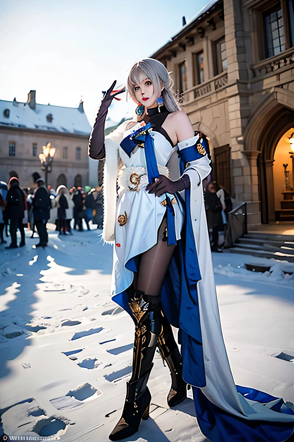 best quality, masterpiece, realistic, (photorealistic:1.4), 1girl, solo, full body, bronya cosplay costume, cosplay, black pantyhose, earrings, boots, elbow gloves, detailed background, snow, winter, outdoors, luxury decorations, castle, sunshine,