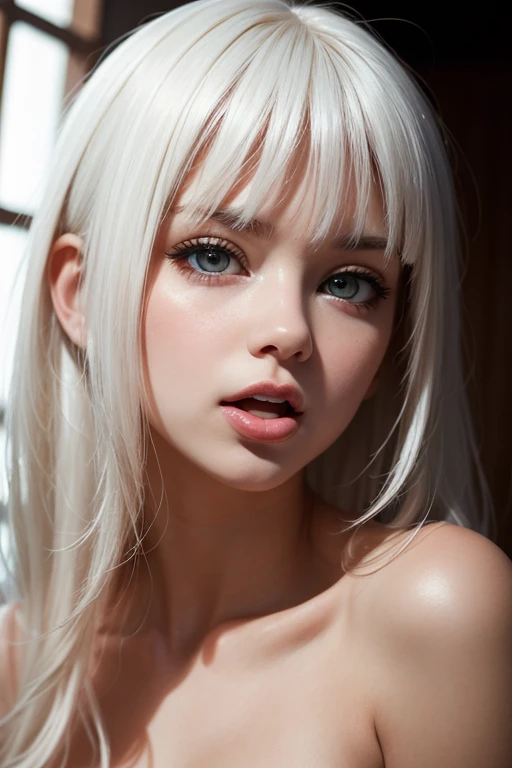 ((perfect round eyes))、dressed, (Ultra-realistic最high quality), (photo realistic:1.65), (realistic:1.65), (smoother lighting:1.05), (increase cinematic lighting quality:0.9), 32K, 1girl,25yo girl, realistic lighting, light on face, (finely detailed eyes), finely detailed face, (finely quality eyes:1.1), (detailed lips:1.33)、(Detailed nose:1.2), (Increase body line mood:1.1), (Increase skin texture beauty:1.1), (pink_makeup:1.4), long_blue_eyeliner:1.32, (red_lipstick:1.3), iridescent eyes, with professional makeup, vibrant eyes:1.11, ((Glamour, paparazzi taking pictures of her)), (very complicated Extravagant street outfit), The attention to detail, Double eyelids, Wear an off-the-shoulder top, full bodyesbian，((Medium White hair:1.5)), ((brown_eyes:1.6)), contrast、dark shot:1.11、The ultra -The high-definition, ((close-up))