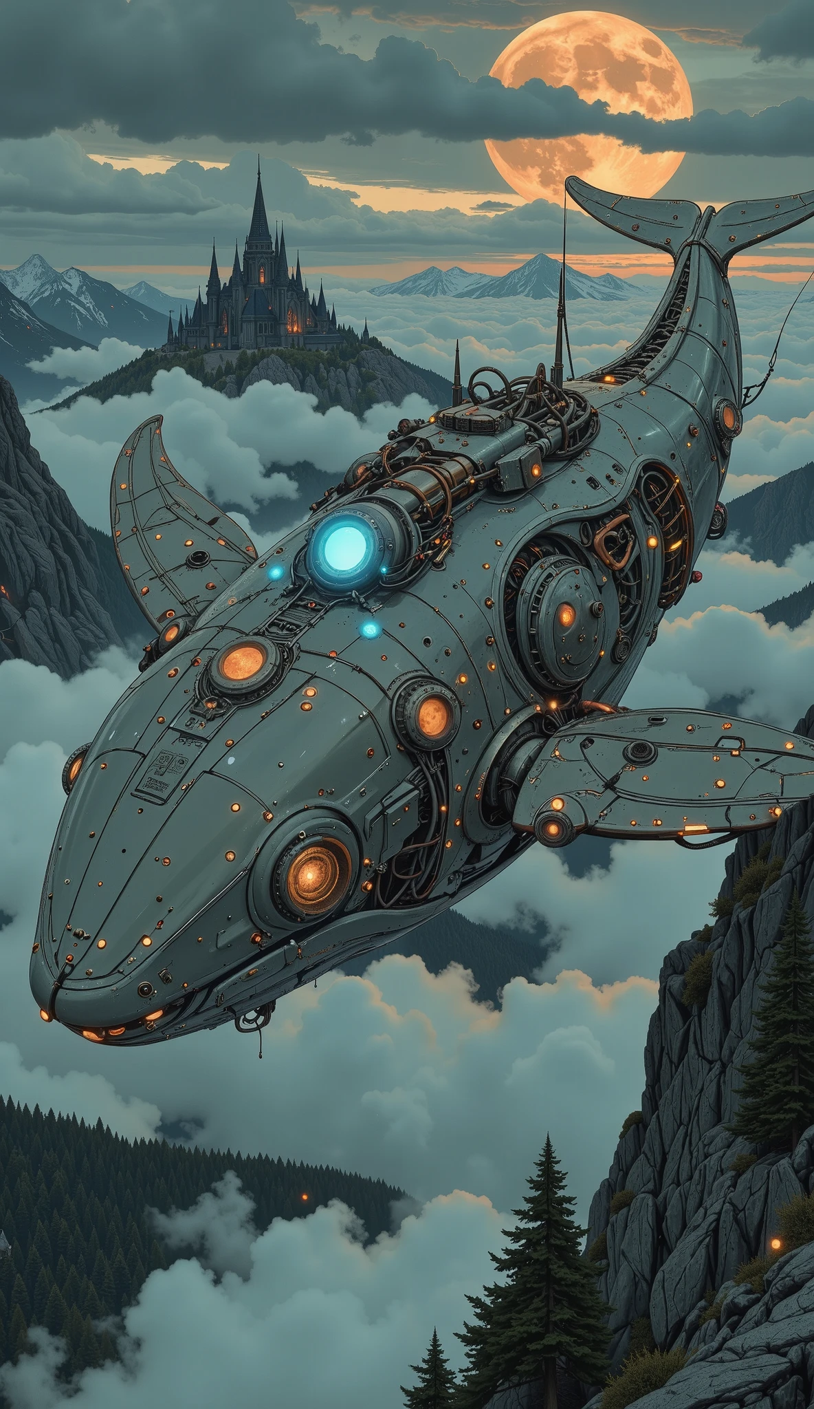 ((metal flying whale :1.5, robot whale flying across the skies surrounded by clouds:1.5)),( session:1.2),oxide,metal, copper, Aluminum, The horizon in the distance ,mystery, idyllic, Gothic,Gothic教堂,blood red moon,Gothic元素, forest fires ,Cold,Gloomy, hyperdetailed , highly detailed textures , Lights, cables, , at the top front , high definition,8K