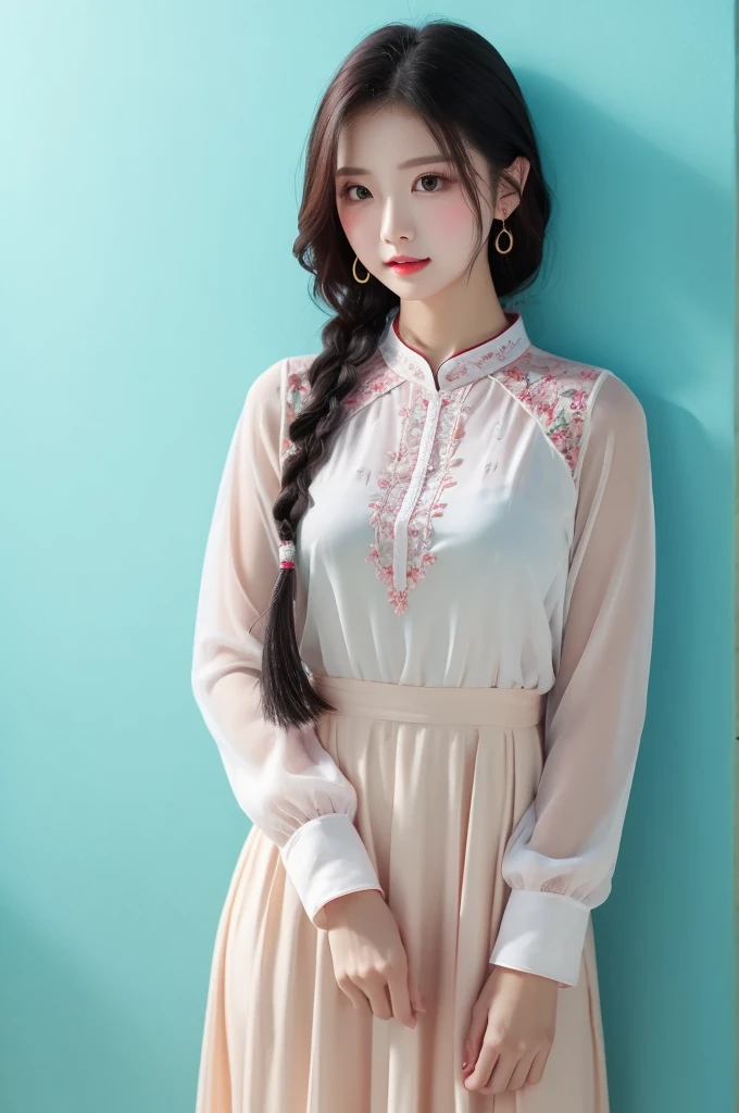 arefe woman beautiful woman with yellow eyes, White skin, thick lips and small face, intense blue eyes,The hanbok is made up of a blouse with wide wing-like sleeves and a skirt much longer than the blouse.. It has a ribbon that accentuates the bust line. Many include embroidery that adds elegance to the dress fused with It consists of a sinh (a long pencil skirt) and a collarless long-sleeved blouse. Blouse, with a row of buttons on the front and elbow-length sleeves, it's tucked in the skirt. The skirt is solid color or striped.