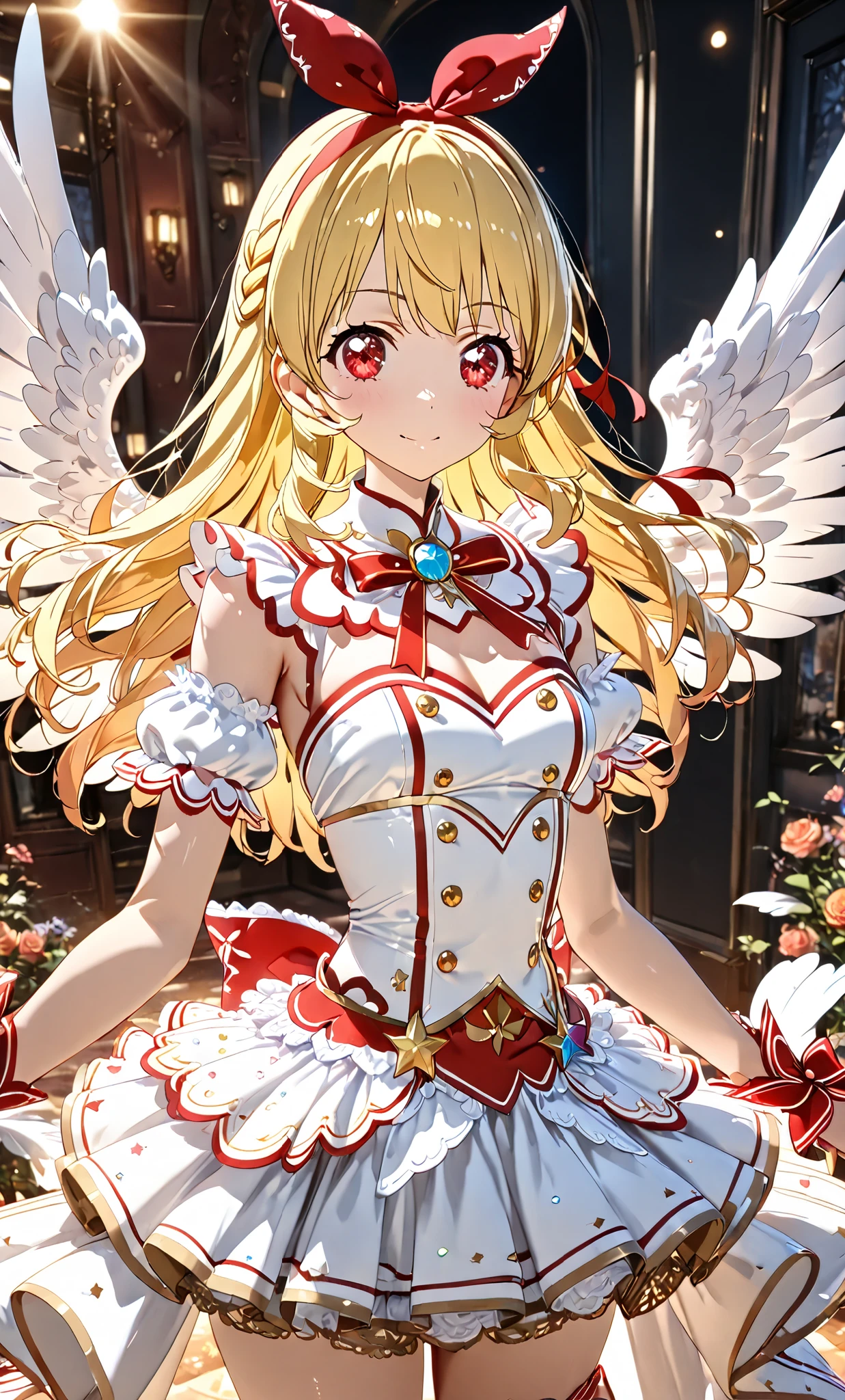 COWBOY Shot: 1.4, (Masterpiece, Top Quality, Highly Detailed, Super Detailed, High Resolution, Absurd, 4K, 8K: 1.2), (Official Art, Incredibly Detailed Illustrations, Highly Detailed CG, Details background, cinematic lighting, dynamic angles, perfect hands, detailed shiny skin, detailed hair, detailed eyes) (very nice detailed cute face, beautiful face) (very detailed) ( 3D depiction) BREAK,, Aikatsu, Ichigo Hoshimiya, 1girl,, Solo,,, blonde, RED idol costume, ANGEL wing, red eyes, looking at camera, Ichigo Hoshimiya (Aikatsu!), (Red ribbon on hair band: 1.2)