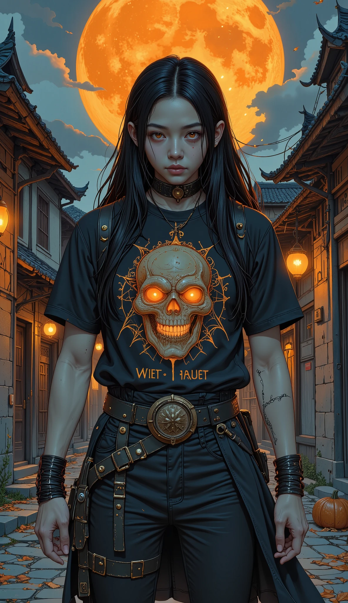 Silhouette of a hunter in the city of Yanan, Bloodborne, glowing eyes, T-shirt design, Dark Magic Splash , Gothic, Halloween , Burnt orange gradient, magic, nature , clean background, Chapoteo magic, arte vectorial 3D, fantasy art, watercolor effect, bokeh, Adobe Illustrator, hand drawn , DIGITAL PAINTING, soft lighting, isometric style, , buttocks 4k resolution, using Cinema 4D, natural lighting , Cinematic, masterpiece, highly detailed, intricate, , horror, Terry Fassing, horrifying, adjusting