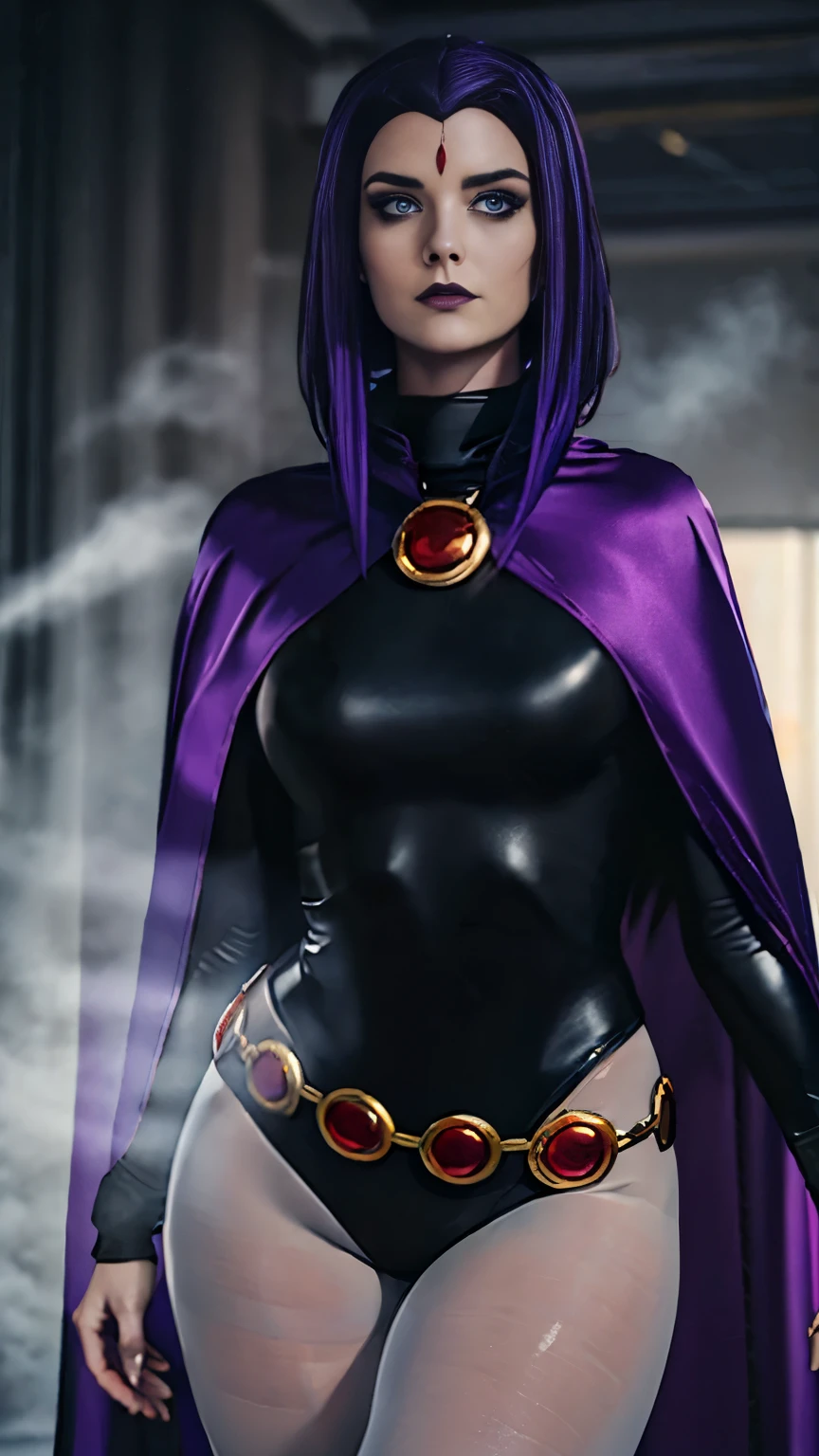 enji night as 1girl, cowboy shot of raven cosplay, pale skin, black leotard, turtleneck, tights, large sexy hips, cape,  gold belt, jewels, medallion, athletic, looking at viewer, mist, fog, volumetric lighting, best quality, masterpiece, intricate details, sharp focus, realistic