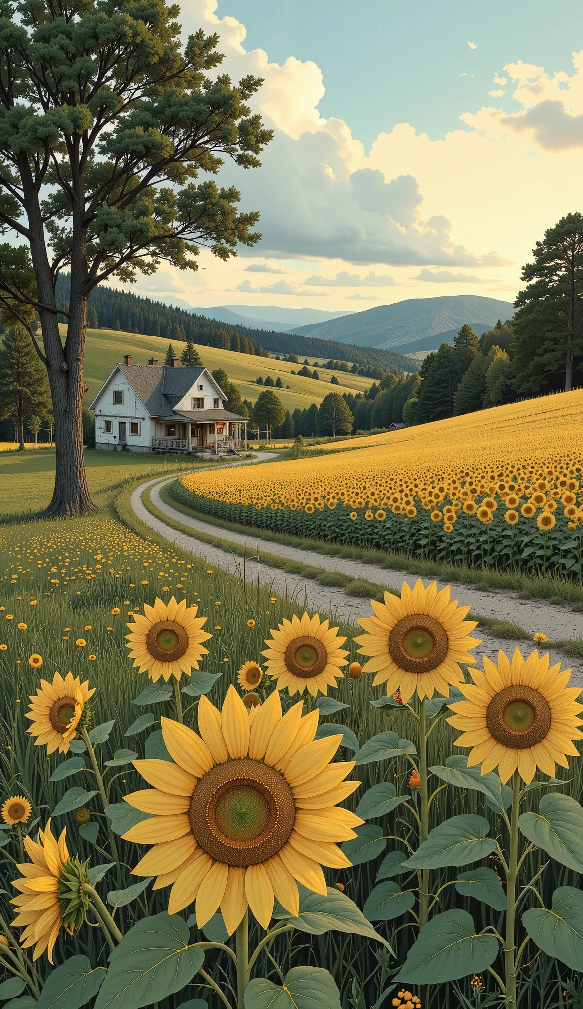 a field of sunflowers, country house, dirt road , trees, beautiful landscape , soft pastel oil , ( better quality ,4k,8K,highres, masterpiece :1.2), ultra-detallada ,(realistic,photorealistic,photo-realistic:1.37),al aire libre,sereno,tranquil,peaceful,idyllic,Golden hour, soft lighting ,colores apagados,warm tones,natural,atmospheric
