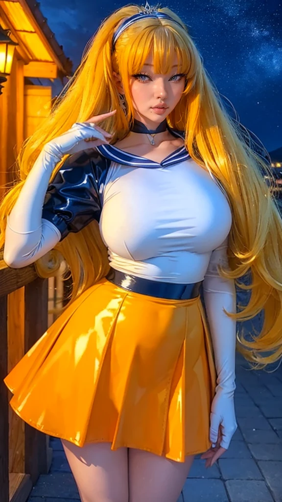 lalatinadustinessford, huge_breasts, standing, solo, Black_bodysuit_Yellow_high-waist_skirt_Front_slit_Red_bowtie, starry_sky,, masterpiece, best quality, detailed face, detailed eyes, highres,
