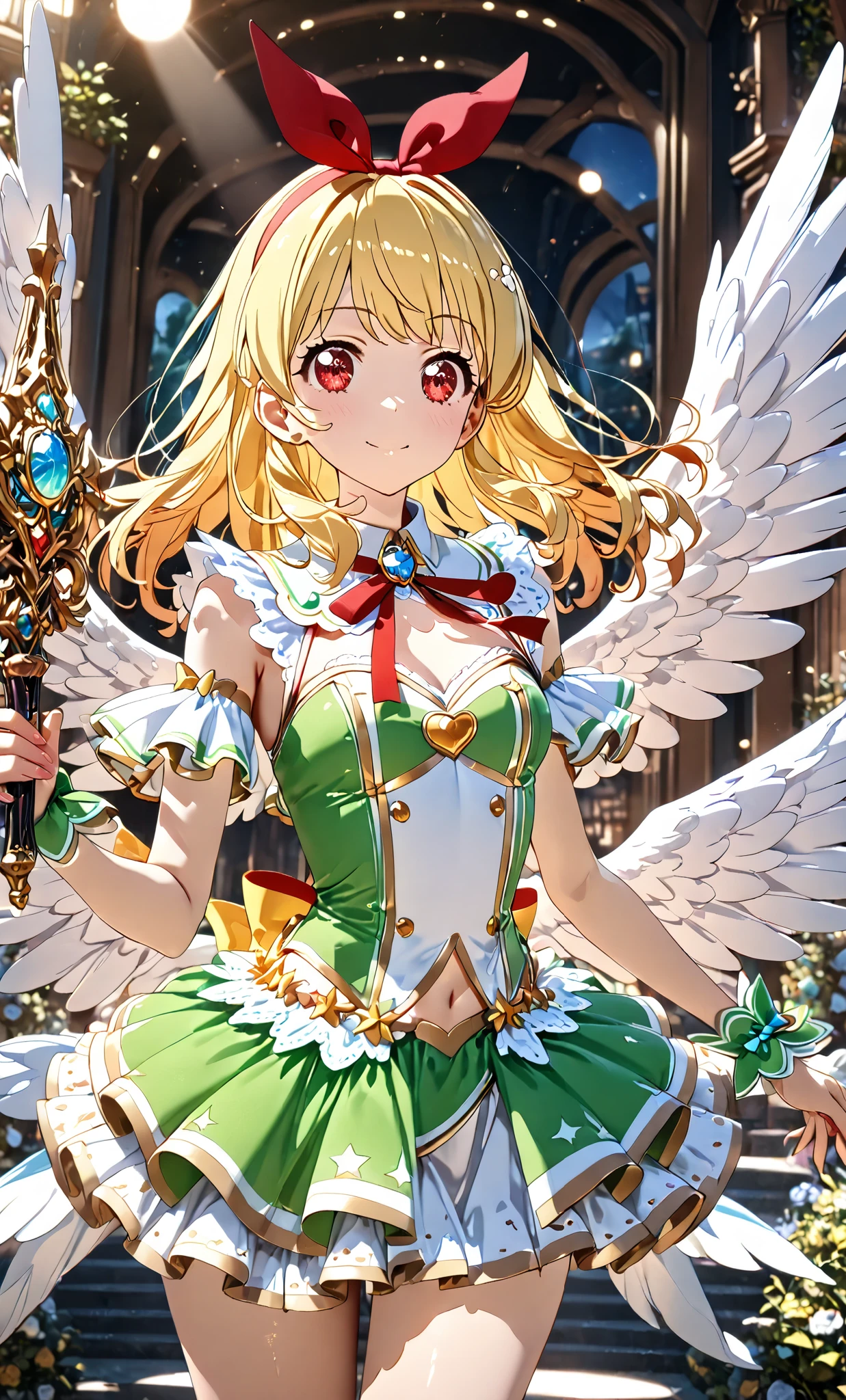 COWBOY Shot: 1.4, (Masterpiece, Top Quality, Highly Detailed, Super Detailed, High Resolution, Absurd, 4K, 8K: 1.2), (Official Art, Incredibly Detailed Illustrations, Highly Detailed CG, Details background, cinematic lighting, dynamic angles, perfect hands, detailed shiny skin, detailed hair, detailed eyes) (very nice detailed cute face, beautiful face) (very detailed) ( 3D depiction) BREAK,, Aikatsu, Ichigo Hoshimiya, 1girl,, Solo,,, blonde, Green idol costume, ANGEL wing, red eyes, looking at camera, Ichigo Hoshimiya (Aikatsu!), (Red ribbon on hair band: 1.2)
