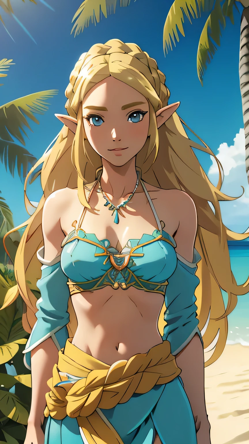 1girl in, 21, princess Zelda, photo of perfect woman, portrait, looking straight at camera, 5'3", Solo, Aesthetic artwork, (blond, straight blonde hair, waist length blond hair:1.25), (clear skin, pale skin, small breasts, B-cup, runners body, very thin waist, skinny, petite, detailed skin texture, shy smile, (Masterpiece, focus on breasts:1.2), (wearing traditional aqua blue Hawaiian clothing, leis), exotic flowers in the background, tropical paradise, lush greenery, white sandy beach, crystal clear water, gentle ocean breeze, warm golden sunlight, serene, (extremely detailed 8k wallpaper), evening outdoor lighting, high quality, film grain, Fujifilm XT3 sharp focus, f 5.6, 50mm, High Detail, Sharp focus, (natural light), crazy details, complex details, hyper detailed