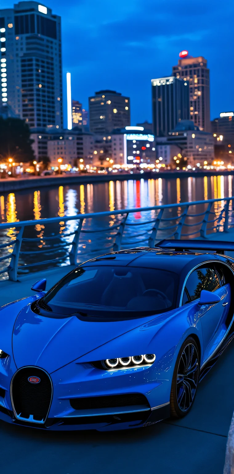 " Bugatti Chiron:
**color:**
* **Intense shade :** Cobalt Blue shiny metallic (#032B44) with polished silver details .
* **glow:** high, with a touch of depth and complexity .
* **paint:** Metallic with "color change" depending on the angle of light ( natural shine ).
**form:**
* ** Aerodynamic and elegant **, with curved lines and smooth surfaces .
* **style:** Sporty and sophisticated , with a touch of exclusivity and luxury .
* ** details :** Slim LED lights , adjustable rear spoiler , 21-inch alloy wheels .
** inner:**
* **color:** Matt black leather (#000000) with carbon fiber .
* **material:** high quality leather, carbon fiber and aluminum .
* **Design:** Minimalist and functional , with a focus on comfort and .
**bridge:**
* **material:** steel and concrete .
* **Design:** Modern and aerodynamic , with clean and minimalist lines .
* **vista:** Panoramic view of the city at dusk , with illuminated buildings and neon lights reflecting in the water .
**city:**
* ** buildings :** Modern and contemporary , with innovative designs and sustainable materials .
* ** Lighting:** Bright and vibrant , with a variety of colors and textures .
* ** Environment:** Dynamic and exciting , with a fast pace and a sense of energy and movement .
In general, el Bugatti Chiron estacionado en el puente ofrece una vista impresionante de la ciudad al anochecer, with its elegant and sporty design that integrates perfectly with the modern and dynamic environment." Cinematic light, 8K, uhdk , without distortion .