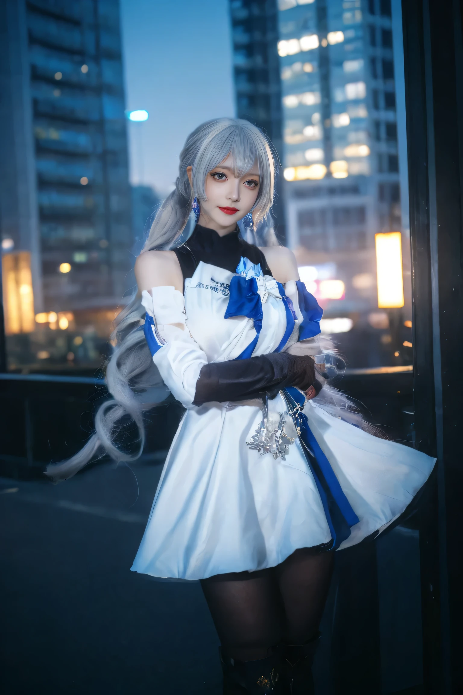 ulzzang-6500-v1 .1,(raw photo:1.2),((photorealistic:1.30)), ((best quality)) ,((masterpiece)),((Ultra High Resolution)), ((Clear View)),,Ultra-high resolution,Clear face,(Reality:1.4) , illustration, an extremely delicate and beautiful, extremely detailed ,CG ,unity ,8k wallpaper, Amazing, finely detail, masterpiece,best quality,official art,extremely detailed CG unity 8k wallpaper,absurdres, incredibly absurdres, huge filesize, ultra-detailed, highres icon, extremely detailed,beautiful detailed girl, extremely detailed eyes and face, beautiful detailed eyes,light on face,cinematic lighting, 1girl, solo, gray hair, looking at viewer, smile, stand, cowboy shot, bronya cosplay costume, long Hair, Twintails, gray eyes, elbow gloves, cosplay, gauntlets, gloves, dress, white dress, white dress sleeves, pantyhose, shorts, outdoor, city center background, facing the front screen,freestyle,