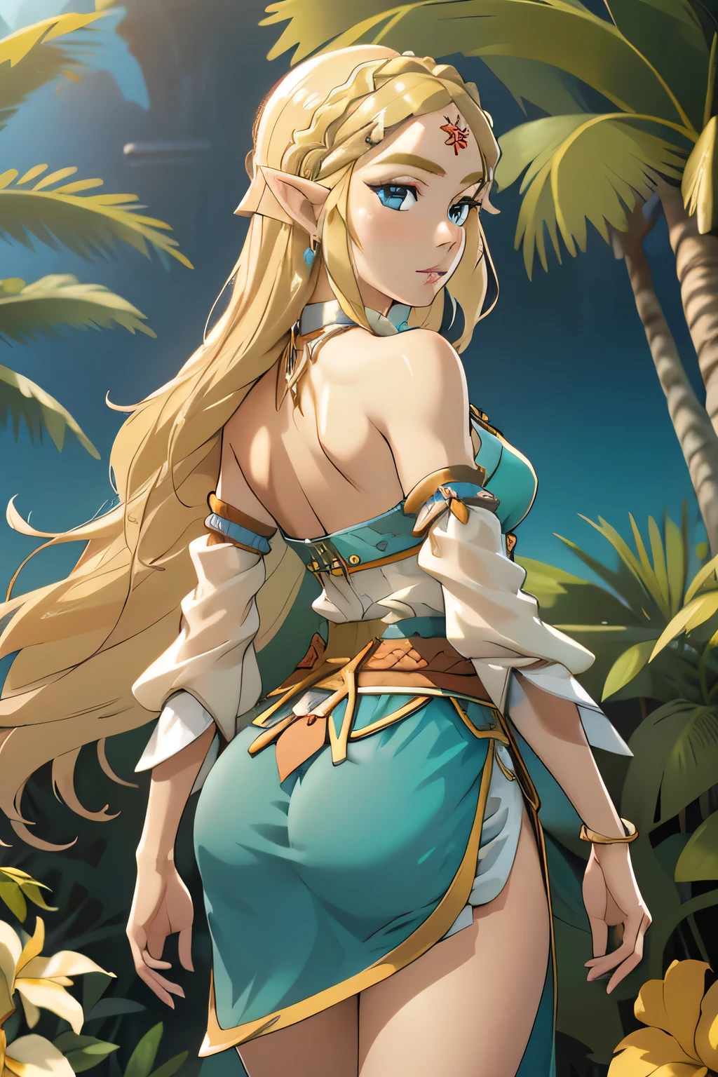 1girl in, 21, princess Zelda, photo of perfect woman, portrait, looking straight at camera, 5'3", Solo, Aesthetic artwork, (blond, straight blonde hair, waist length blond hair:1.25), (clear skin, pale skin, small breasts, B-cup, runners body, very thin waist, skinny, petite, detailed skin texture, (Masterpiece), (shot from behind, up skirt, flirty expression, focus on ass:1.2), (wearing traditional aqua blue Hawaiian clothing, leis), exotic flowers in the background, tropical paradise, lush greenery, white sandy beach, crystal clear water, gentle ocean breeze, warm golden sunlight, serene, (extremely detailed 8k wallpaper), evening outdoor lighting, high quality, film grain, Fujifilm XT3 sharp focus, f 5.6, 50mm, High Detail, Sharp focus, (natural light), crazy details, complex details, hyper detailed