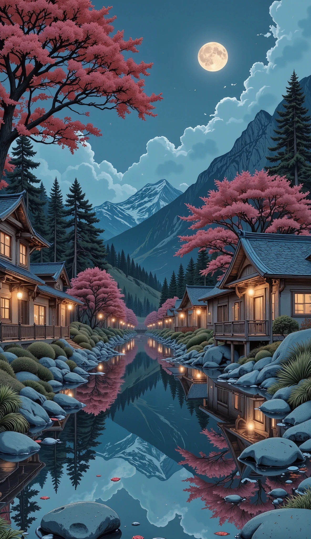 night pond:1.5, ( masterpiece),(The best quality :1.0), ( ultra high resolution:1.0), detailed illustration , detailed landscape, vibrant colors, 8K, night, Moon clouds , (( magic, beautiful, trees:1.4 )), (( The best quality , vibrant, 32k of well-defined light and shadows)).