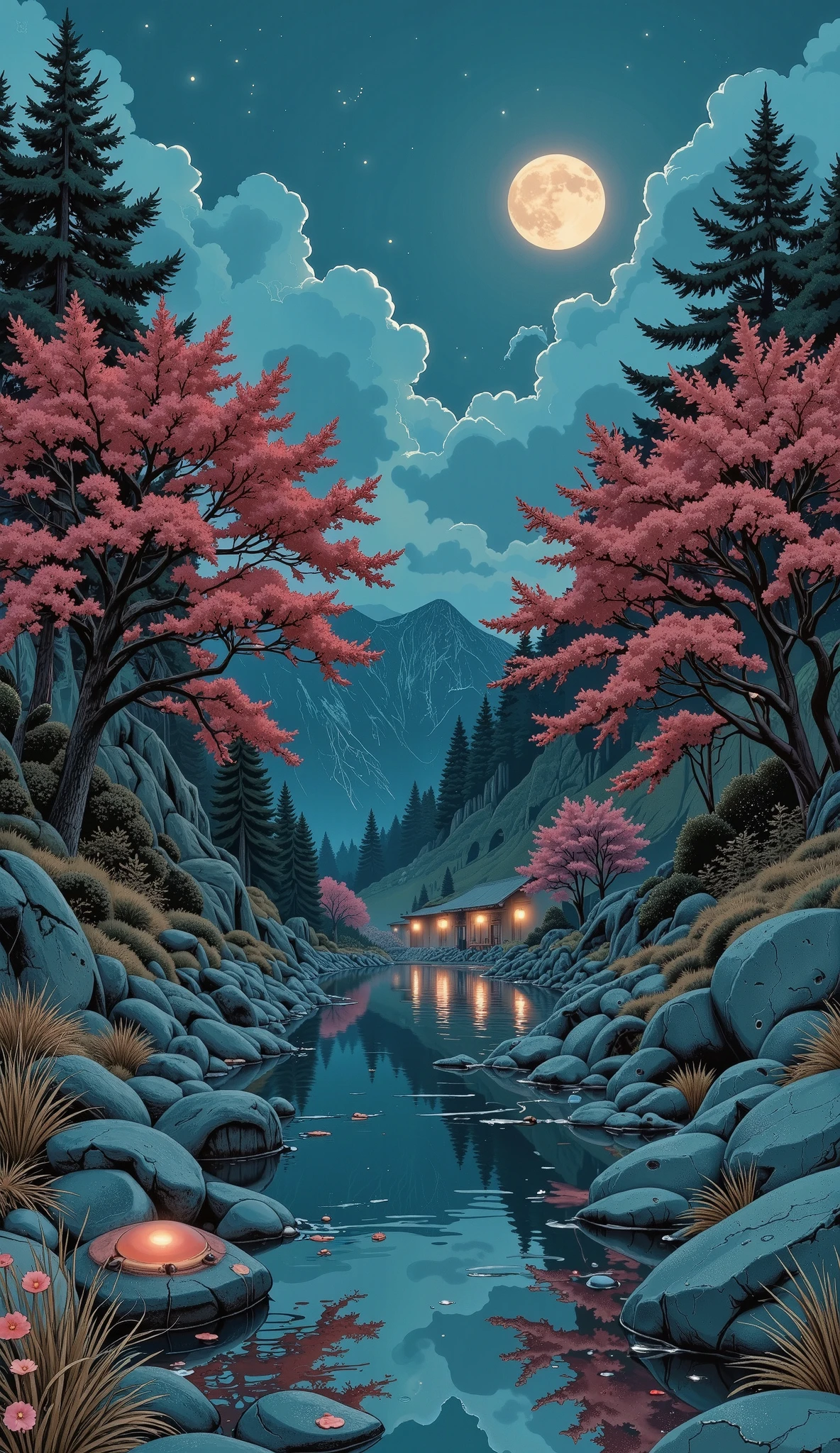 night pond:1.5, ( masterpiece),(The best quality :1.0), ( ultra high resolution:1.0), detailed illustration , detailed landscape, vibrant colors, 8K, night, Moon clouds , (( magic, beautiful, trees:1.4 )), (( The best quality , vibrant, 32k of well-defined light and shadows)).