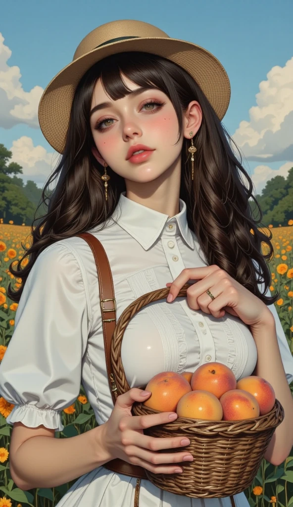 wallpaper, Mango season, Green plum tree, countryside, countryside,countryside道（Dirt)、Stone Wall、Warm Weather, Early morning sun, Morning sunshine shining from the mountain ridge、HD detailed, Wet Watermark, Hyper Detail, Cinematic, Surrealism, Soft Light, Deep focus bokeh, Ray Tracing, diffusion (Ultrafine glass reflection) and Surrealism. --v6、Straw hat（Long ribbon decoration)、Sheer summer dresses、Woven rattan basket(With handle、A bunch of harvested mangoes)、Lace-up sandalango Harvest、