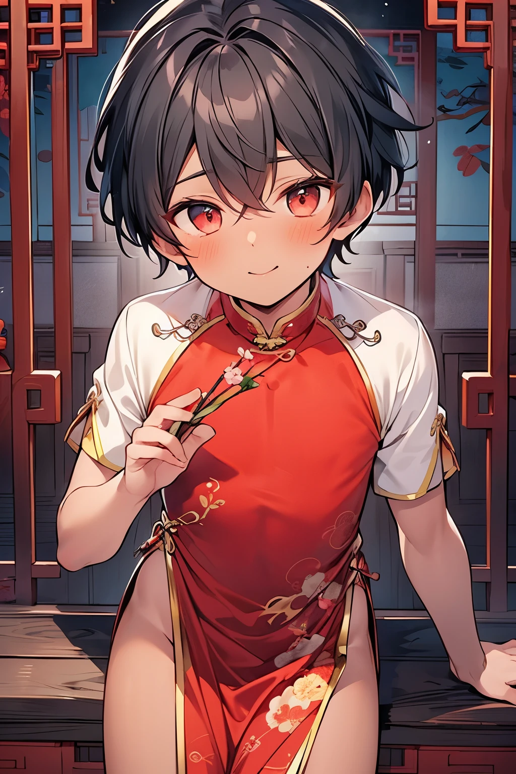 ((1-boy :1.3)),((handsome Gay:1.1)),(( An Adult Man :1.2)), solo, ((twin tail:1.0)),(( with a slit at the chest :1.0)),(( Chinese dress :1.2)),((艶やかな青の Chinese dress :1.0)),((Glossy and beautiful thighs :1.0)),(top view:1.0),short hair,black hair,((Eerily Shining Eyes :1.0)), perverted and fearless smile covered in shame,( ahegao:1.15),((dark skin Body:1.2)),