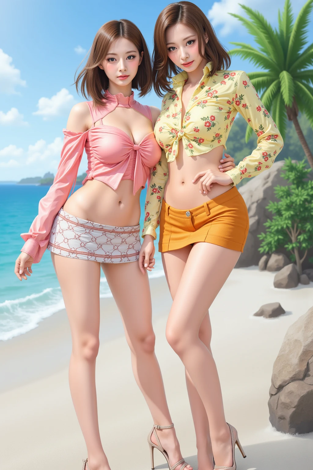 highest quality、High resolution、detailed background、Beautiful and dense face、beautiful and smooth skin、skin texture、braided ponytail、(huge breasts:1.3)、(realistic:1.1)、perfect body line、(3人のcute美少女:1.5)、pink floral embroidered panties、pink floral embroidered bra、
軽やかなワンピースは夏らしいcuteコーディネートの定番です、
flower and fruit pattern、Dresses with bright colors or patterns such as stripes、
Pair it with cool feet such as sandals or espadrilles..、
Combination of off-shoulder tops and denim pants、
Off-shoulder tops in bright colors and vibrant patterns、Create a light impression with denim shorts、Add a mini bag and sunglasses to make it even more stylish.。
(Everyone is having fun together:1.1)、Laugh playfully、smile、sexual expression、emphasize the chest、emphasize cleavage、cute、panty shot、camel toe、
Tottori sand dunes、A vast sand dune that spreads out in Tottori Prefecture.。, Create a beautiful desert-like landscape.、
Sand dunes illuminated by the sunset and sunrise