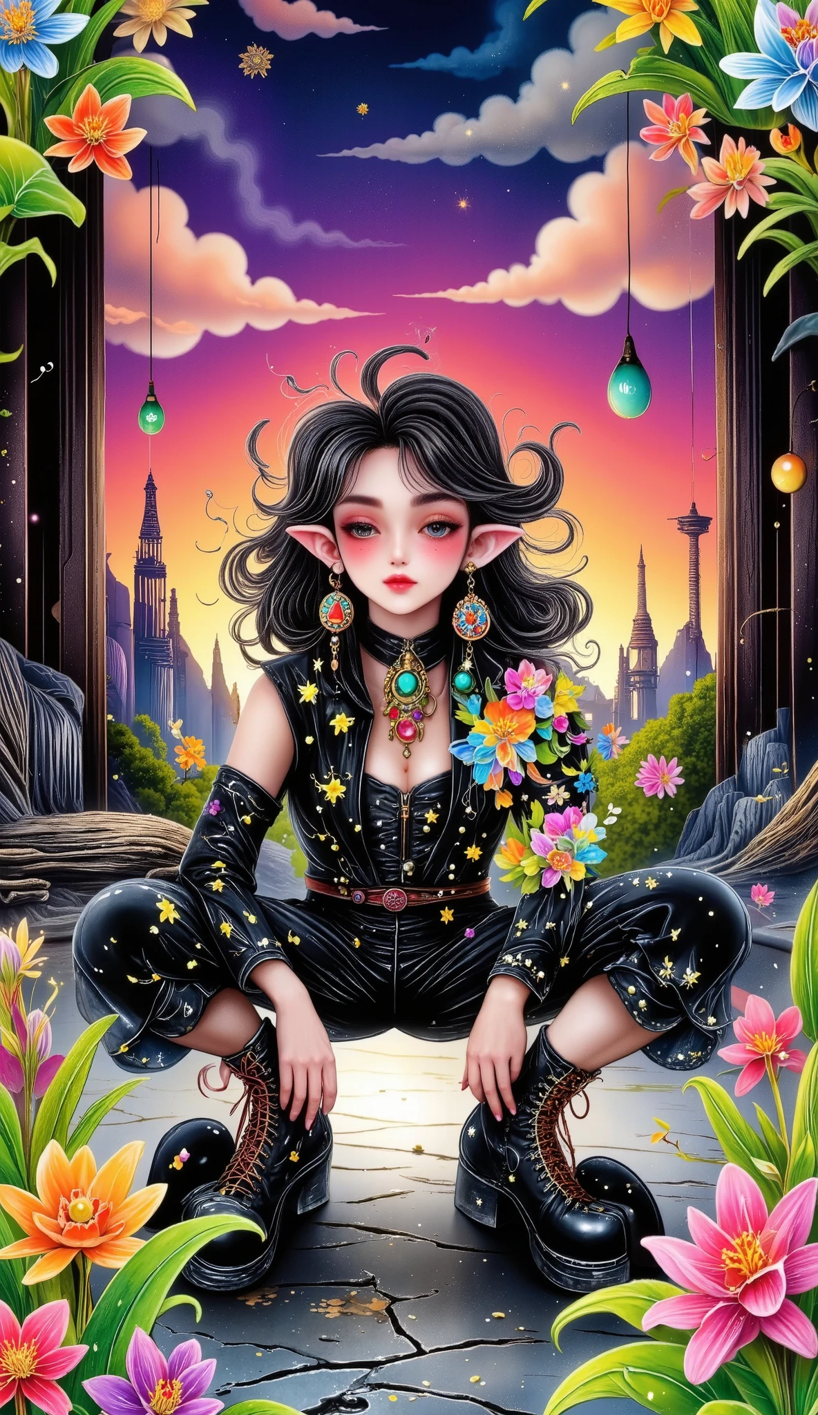 ((ultra wide angle x0.5:1.5, Bottom view of the camera, Pin on Cybergoth:1.5)), ((selfie:1.4, young beautiful woman crouching:1.3, Pin on Cybergoth, wearing Pin on Cybergoth clothes, various vibrant colors and decorations :1.3, dynamic pose)),((industrial landscape, stunning, 360 degree view: 1.5)), ((perfect: 1.3, meticulously detailed: 1.3, Flawless, High definition: 1.4, cinematic: 1.4) , ((Job Master )), (Hyper Detailed: 1.4), (Photorealistic: 1.4), epic, sunset: 1.4, 32k.