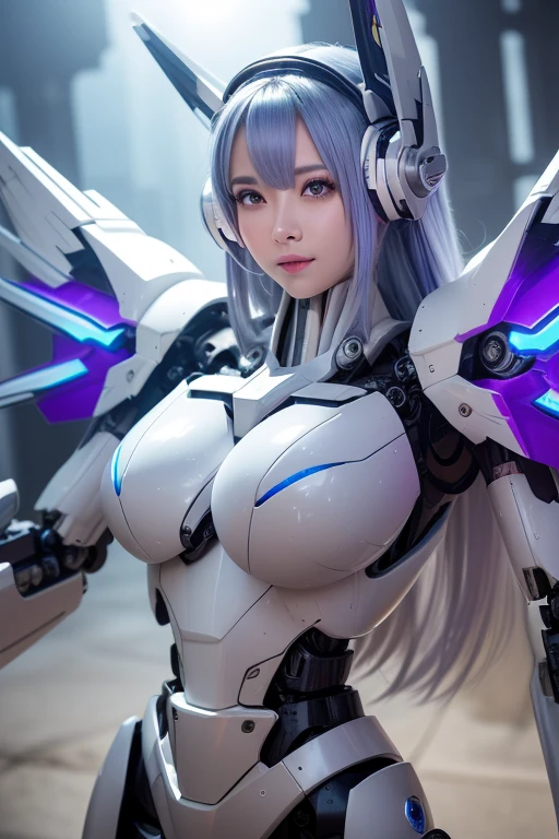((Intense action pose:1.6))、((Shining lenses on both breasts:1.3))、((Blue pillars of light are emanating from both chests.:1.3))、smile、((8K)), ((32k)), ((Highest quality)), ((masterpiece)), ((超A high resolution)), ((Tmasterpiece)), ((Halation:1.4))、((Mechaニカルheadgear:1.2))、((Cyber headphones:1.3))、Fine skin, High quality fabric, Fine metal texture、((Beautiful and dense face))、RAW Photos、Professional, Ultra-fine painting, ((alone)), Beautiful breasts、Highest quality, Very detailed, Very detailed詳細, Finer details, so beautiful, ((Princess Knight Robot:1.2)), (Joints of machines, Mechanical Limbs:1.3), (The internal structure of the machine is exposed:1.3), (Long silver hair:1.1), (Beautiful and huge mechanical breasts)、White Veil, cowboy_shot, Side Focus, headgear, Shiny、(Five Fingers, Four fingers and thumb),Concept Art, Anime fantasy artwork, Detailed fantasy art, (with pale blue-violet hair and large white wings,,,,,,,), (((Long silver hair))), (Mecha:1.6)、Sleek and intimidating design, ((Commander-in-Chief'arm)), (Perfect robot body)、純白と青紫armまたは, Symmetrical wings, 8K high quality, detailed art, 3D rendering of character art in 8K, neat legs, Defined, Defined fingers,