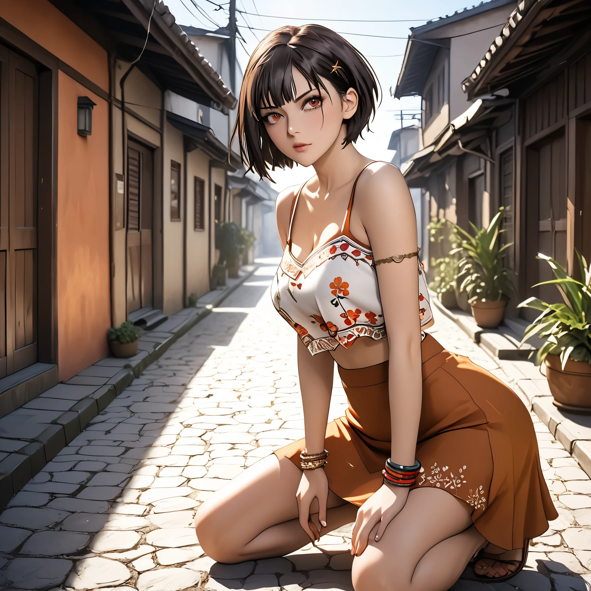 (beautiful girl:1.3),1girl,masterpiece,Highest quality,Ultra-high resolution,rich contrast,super high quality,8k,Highly detailed CG unit wallpaper,texture,Incredibly absurd,Ultra-high resolution,Highest quality anime,professional photograph,an extremely delicate and beautiful,RAW Photos,Depth of Field 1.2,ultra-detailed eyes,Glitter Effect,Beautiful glossy lips, 25years old, gorgeous legs, noise perfect, gorgeous ass, dynamic pose, sensual woman, seductive woman, mature woman, Milf, maternal, shy look, full body, KUGISAKI NOBARA_JUJUTSU KAISEN, nobara kugisaki, kugisaki nobara, bob cut, brown eyes, brown hair, lips, short hair, large breasts, (type of photo: medium shot, portraying the person from head to waist), Boho Set (Adventure and Freedom): Top: Sleeveless linen blouse in terracotta tone with floral embroidery in white thread, with a "V" shaped neckline and thin straps. Bottom: Long skirt with a wrap-around cut, with a multicolor ethnic print in warm tones (red, orange and yellow). The skirt has a lace fringe at the bottom edge. Shoes: Brown leather sandals with thin straps and beaded details. Accessories: Wooden bracelets, silver rings and a straw bag with leather details.