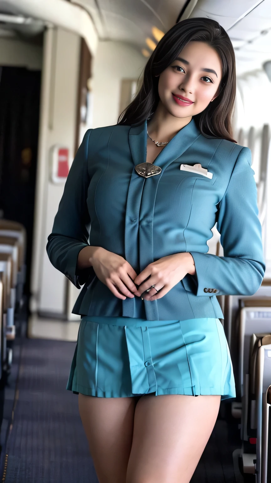1beautiful womanl, 28years、hyperdetailed face、Detailed lips、A detailed eye、double eyelid、(Smiling while walking gracefully down the aisle)、(Stewardess uniform:1.2)、((mini skirt:1.5)) (Glamorous body)、(Colossal )、(large full breasts)(big butts)(Plump body)(plump body shape)( large full breasts)(Colossal )((J-Cup))、highs thighs thighs thighs, Perfect fit, Perfect image realism, Background with: (Business Class aisle on airplanes:1.2), Cowboy Shot, Meticulous background, detailed costume, Perfect litthing、Hyper-Realism、(Photorealsitic:1.4)、8K maximum resolution, (masterpiece), ighly detailed, Professional