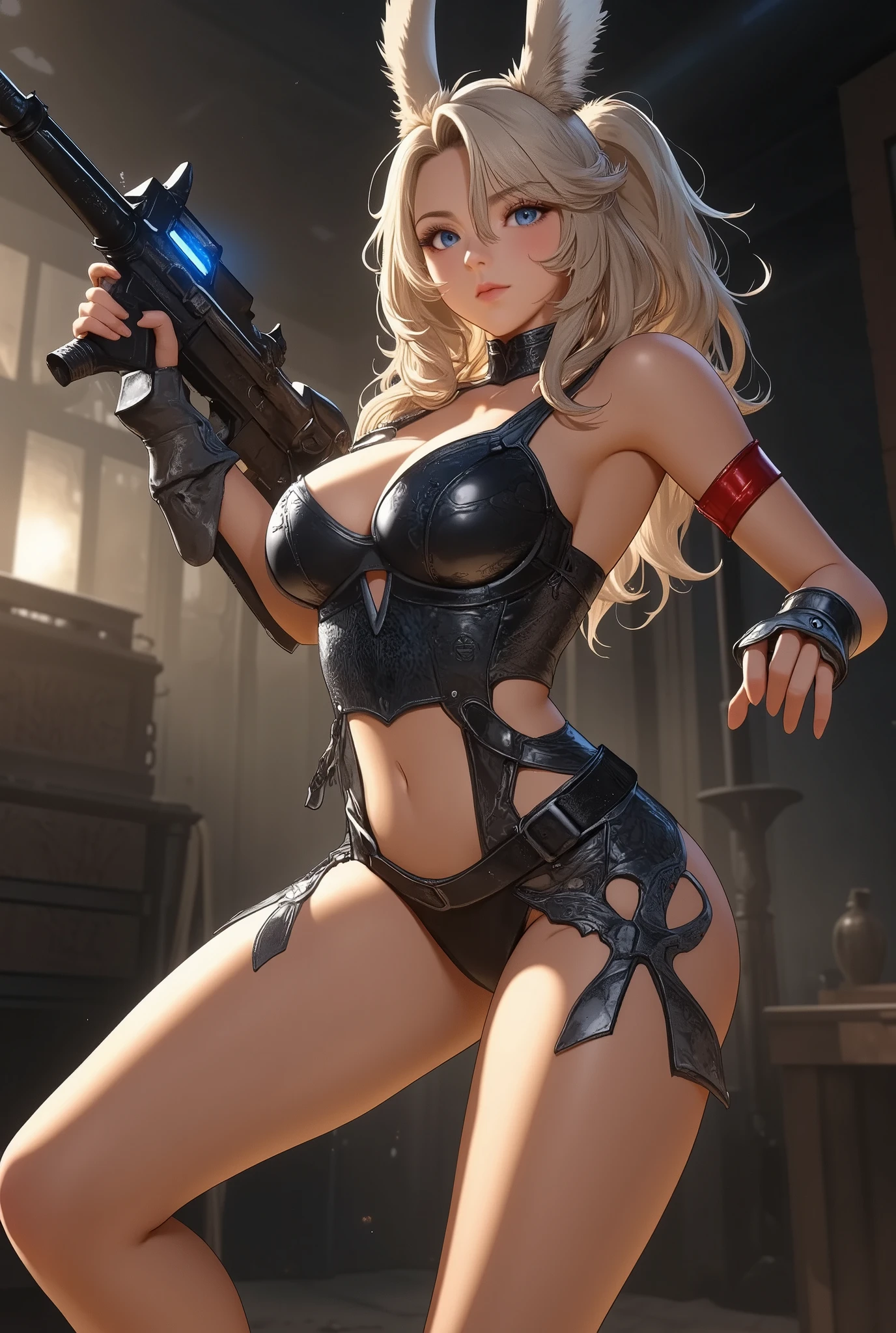 A beautiful young girl with yellow hair, a tight lightning-themed suit, and small breasts, wielding alien thunder weapons in a thunderstorm backdrop, (best quality,4k,8k,highres,masterpiece:1.2),ultra-detailed,(realistic,photorealistic,photo-realistic:1.37),extremely detailed eyes and face,beautiful detailed lips,longeyelashes,lightning effects,dynamic pose,dramatic lighting,vibrant colors,sci-fi,concept art