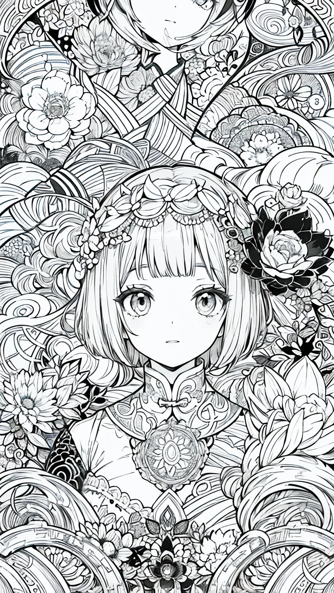 official art for 4 people, wallpaper, very detailed, ((( very detailedな目と顔))), Keep your mouth shut ., Masterpiece, top quality, real portrait , (ZenTangle, Mandala, Tangle, EnTangle), Complicated clothes, very detailed, dynamic angle, the most beautiful form of chaos , elegant, brutalist design, vibrant colors, Romantic Chinese Flowers