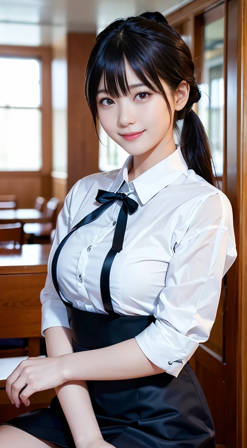 (highest quality,masterpiece:1.3,Ultra-high resolution,),(Very detailed,Caustics),(Photorealistic:1.4,RAW shooting,)Ultra-Realistic Capture,Very detailed,High resolution 16K human skin closeup。 Natural skin texture、,Pores、、、、It must be detailed enough to be easily identifiable。 Skin tone is even and healthy looking。 Use natural light and color,restaurant,Waitress Uniform,1 girl,Japanese,18-year-old,cute,Black-haired,ponytail,Big Breasts,smile,Turn your body forward,(Front view:1.1),Looking at the camera,Cowboy Shot,