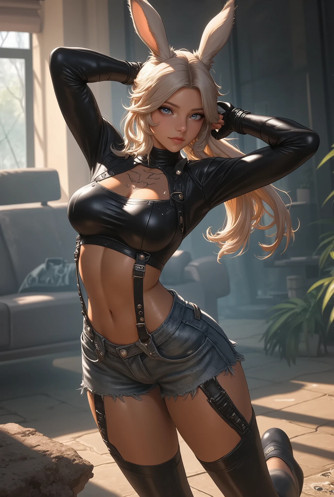 Final Fantasy style , Masterpiece by Kazunari Takahashi, depictions of faces expressed in great detail, Fine grain 、 detailed face、 detailed hair 、Solo Female Viera , beautiful , 32K, Masterpiece, top quality, are ridiculous , great quality, official style ,anime, break ( Foggy _(\)),difficult,side_ ponytail,belly button, suspenders , denim_shorts,midriff, naked_shoulder,short_shorts, big breast with a futuristic gun, overhanging chest, thin waist, break ,(smile:1.2),(), smirking ,Low Leg, ,( full of eyes:1.3),From the face,from below, dynamic angle, raise your arms , stretching ,, break indoor,Home, living room ,